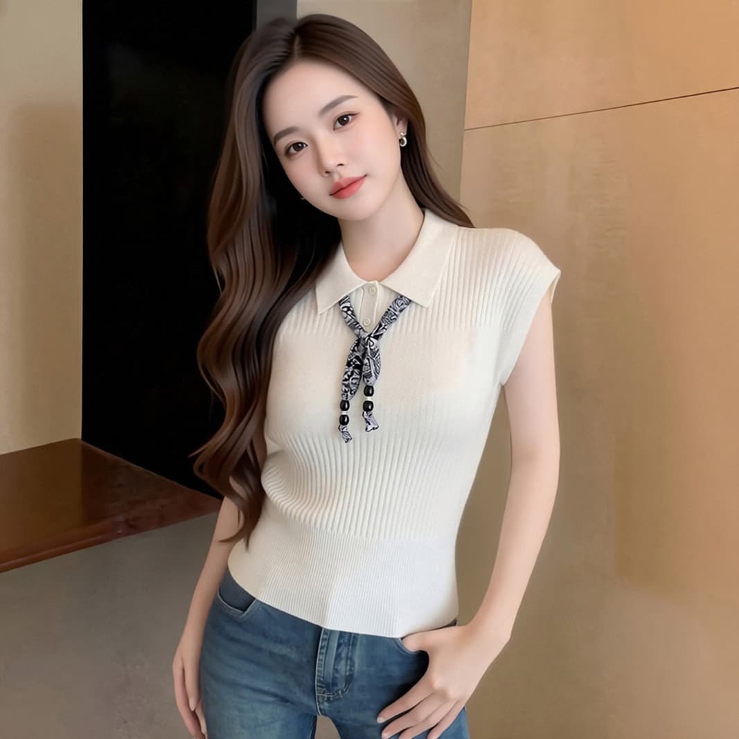 POLO 칼라 파란색 얼음 실크 니트 반팔 티셔츠 여성 2026 여름 새로운 레이스업 Feifei 소매 맨위 상세 이미지 3