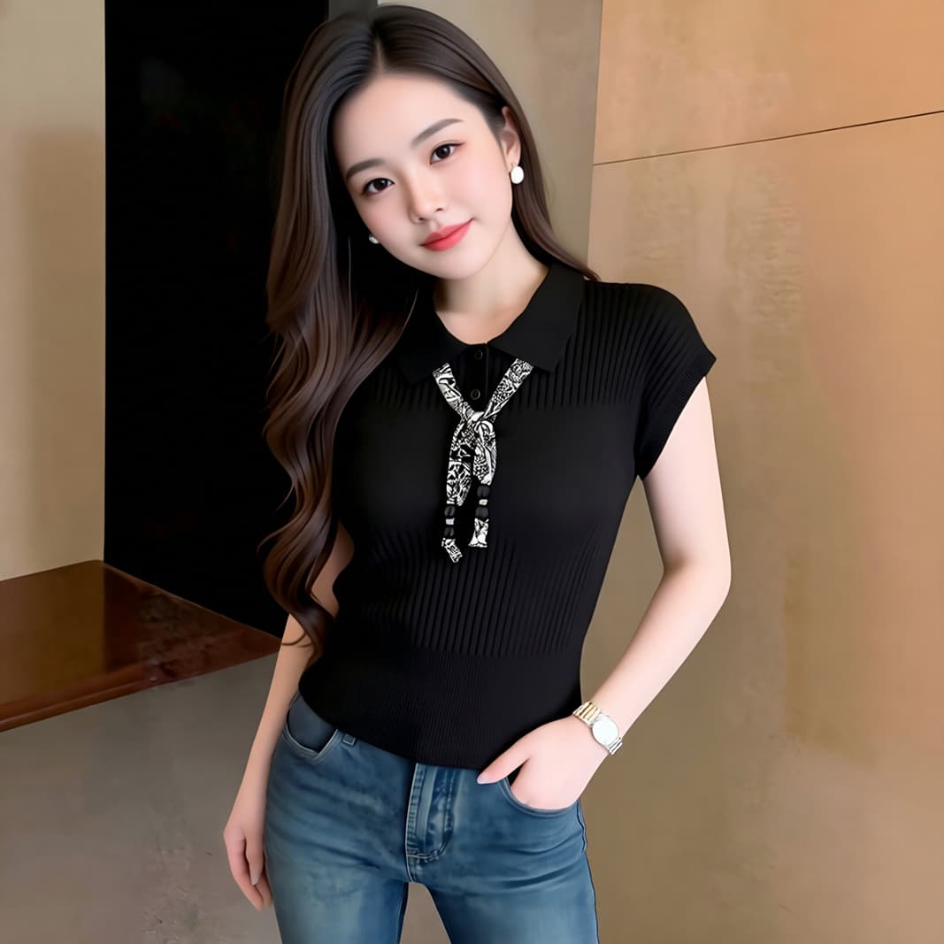 POLO 칼라 파란색 얼음 실크 니트 반팔 티셔츠 여성 2026 여름 새로운 레이스업 Feifei 소매 맨위 상세 이미지 6