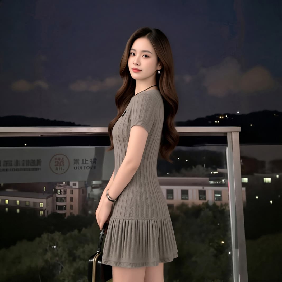 2026 년 여름 작은 키 착용 가져 가라. 회색 꽈배기 라운드 넥 순수한 욕망 바람 반팔 니트 여성 드레스 상세 이미지 3