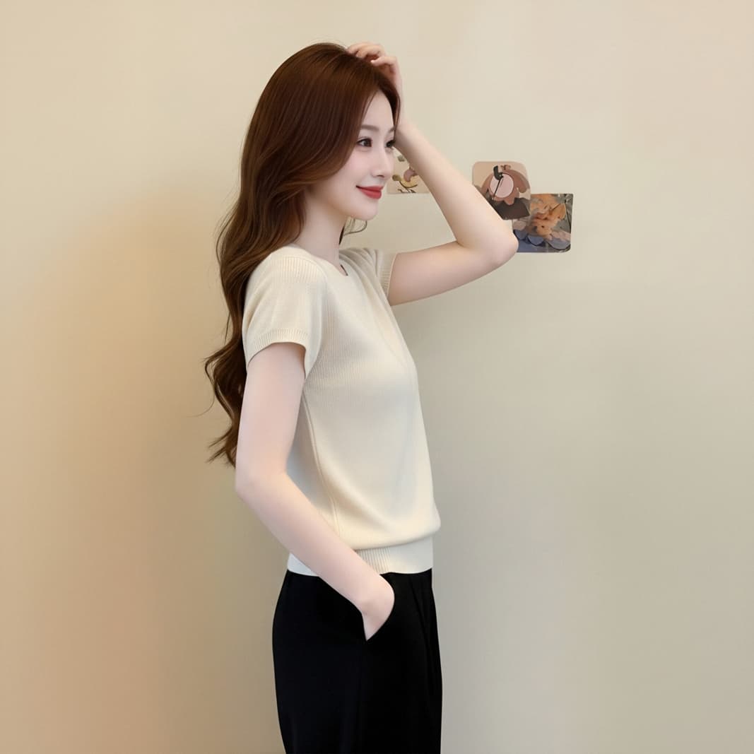 한 부서 디자인 센스 뒤로 홀로우 아웃 반팔 니트 스웨터 여성 2026 여름 새로운 외국 가스 연령 감소 Chic 맨위 트렌디 이미지 5