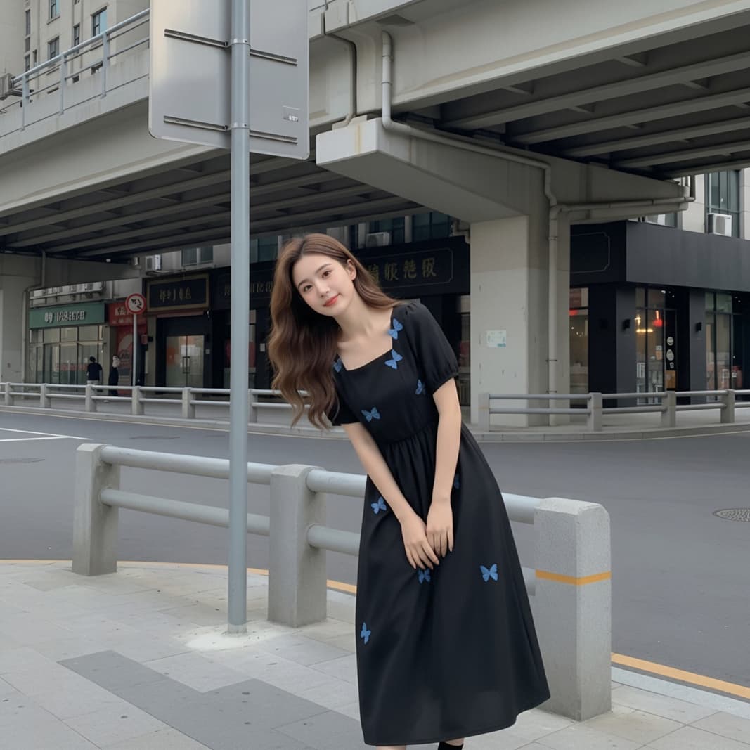 빅 사이즈 지방 mm 고급 센스 무거운 작업 나비 반팔 여성 드레스 여름 프랑스식 품격 슬림해 보이는 광장 칼라 작은 검은 드레스 이미지 3