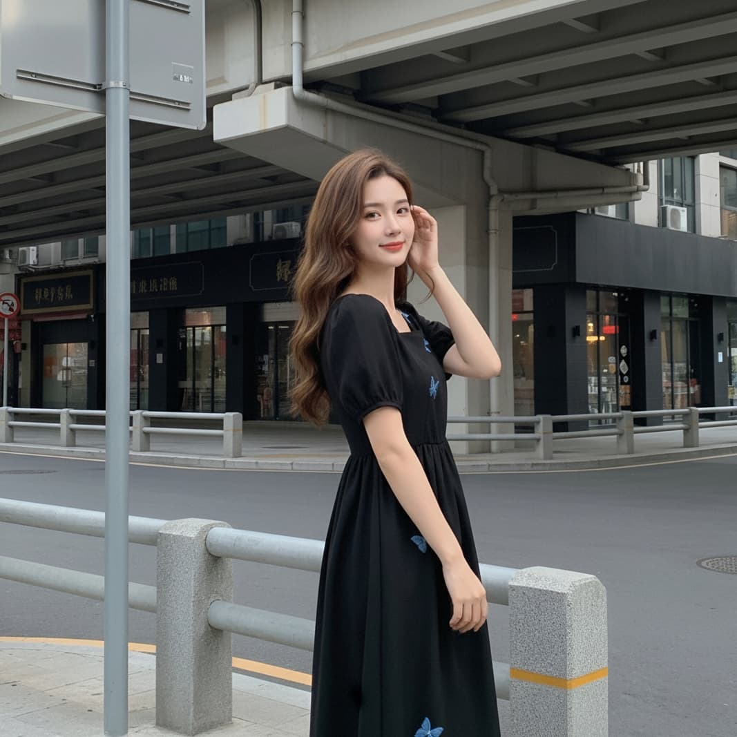 빅 사이즈 지방 mm 고급 센스 무거운 작업 나비 반팔 여성 드레스 여름 프랑스식 품격 슬림해 보이는 광장 칼라 작은 검은 드레스 상세 이미지 1