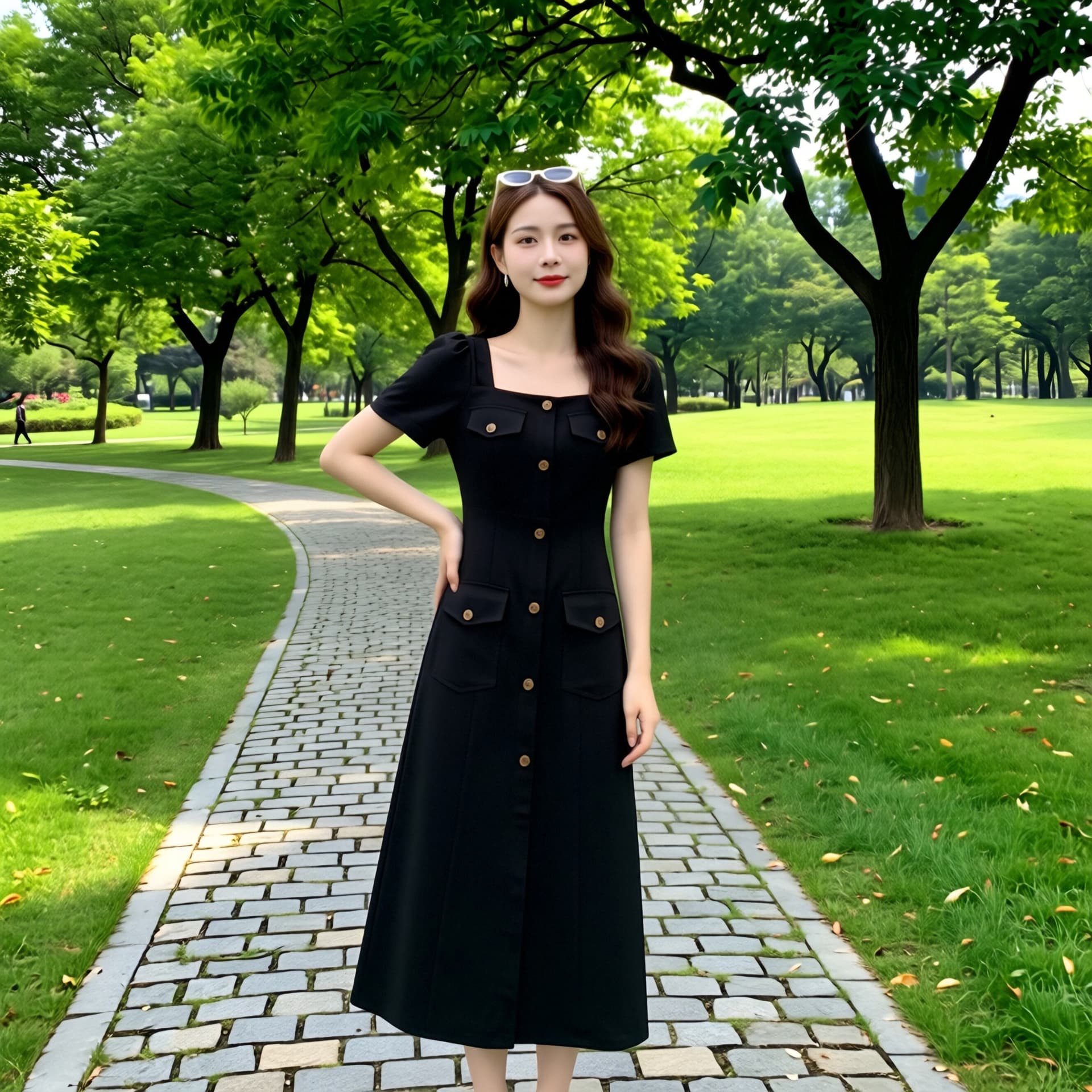 빅 사이즈 지방 mm 루즈핏 표지 배 드레스 여름 프랑스식 광장 칼라 작은 검은 드레스 대양 품격 중간 길이 치마 이미지 5
