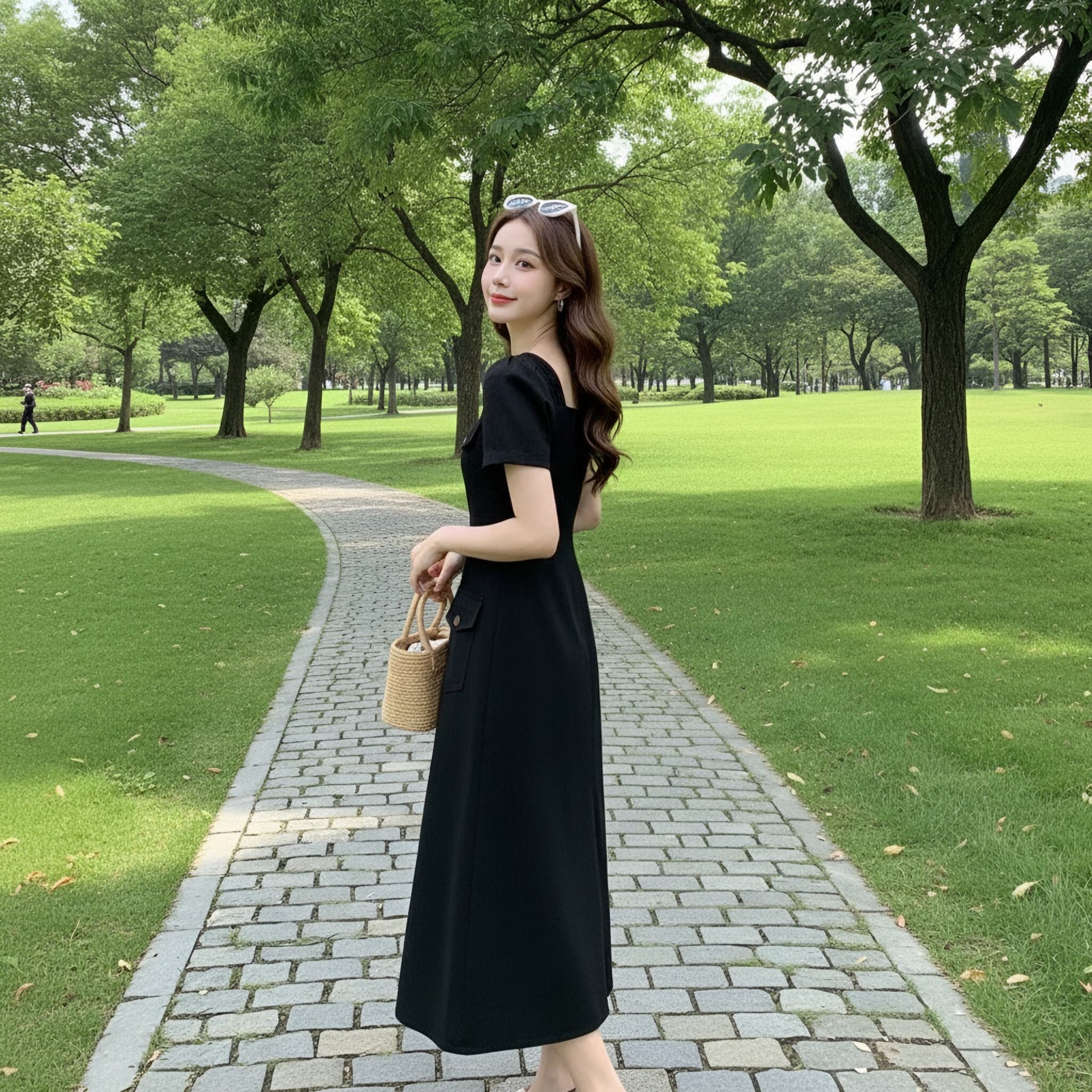 빅 사이즈 지방 mm 루즈핏 표지 배 드레스 여름 프랑스식 광장 칼라 작은 검은 드레스 대양 품격 중간 길이 치마 이미지 2