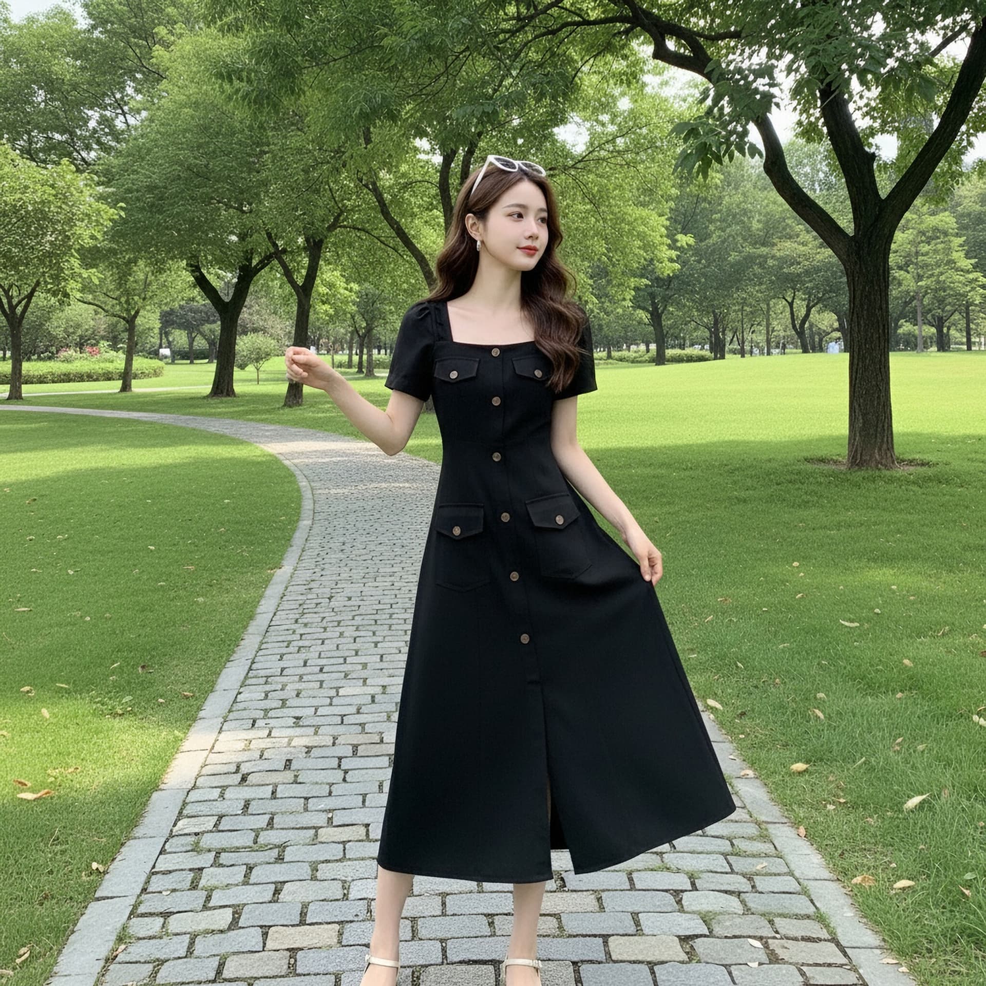 빅 사이즈 지방 mm 루즈핏 표지 배 드레스 여름 프랑스식 광장 칼라 작은 검은 드레스 대양 품격 중간 길이 치마 이미지 3