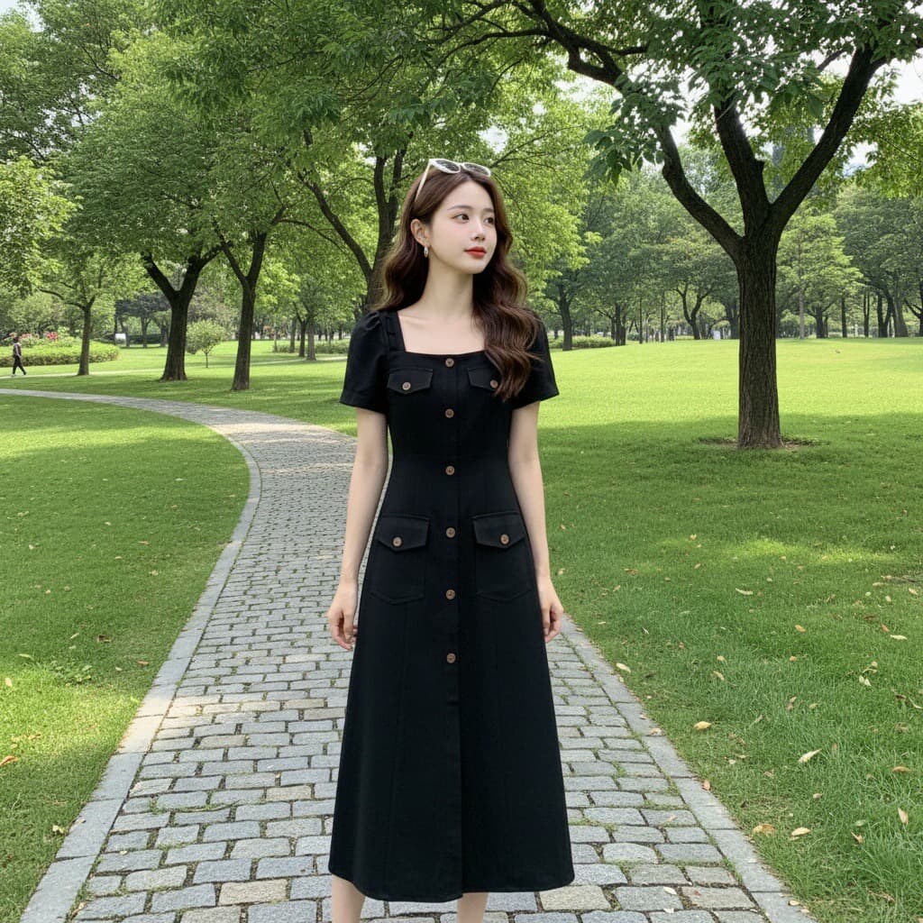 빅 사이즈 지방 mm 루즈핏 표지 배 드레스 여름 프랑스식 광장 칼라 작은 검은 드레스 대양 품격 중간 길이 치마 상세 이미지 1