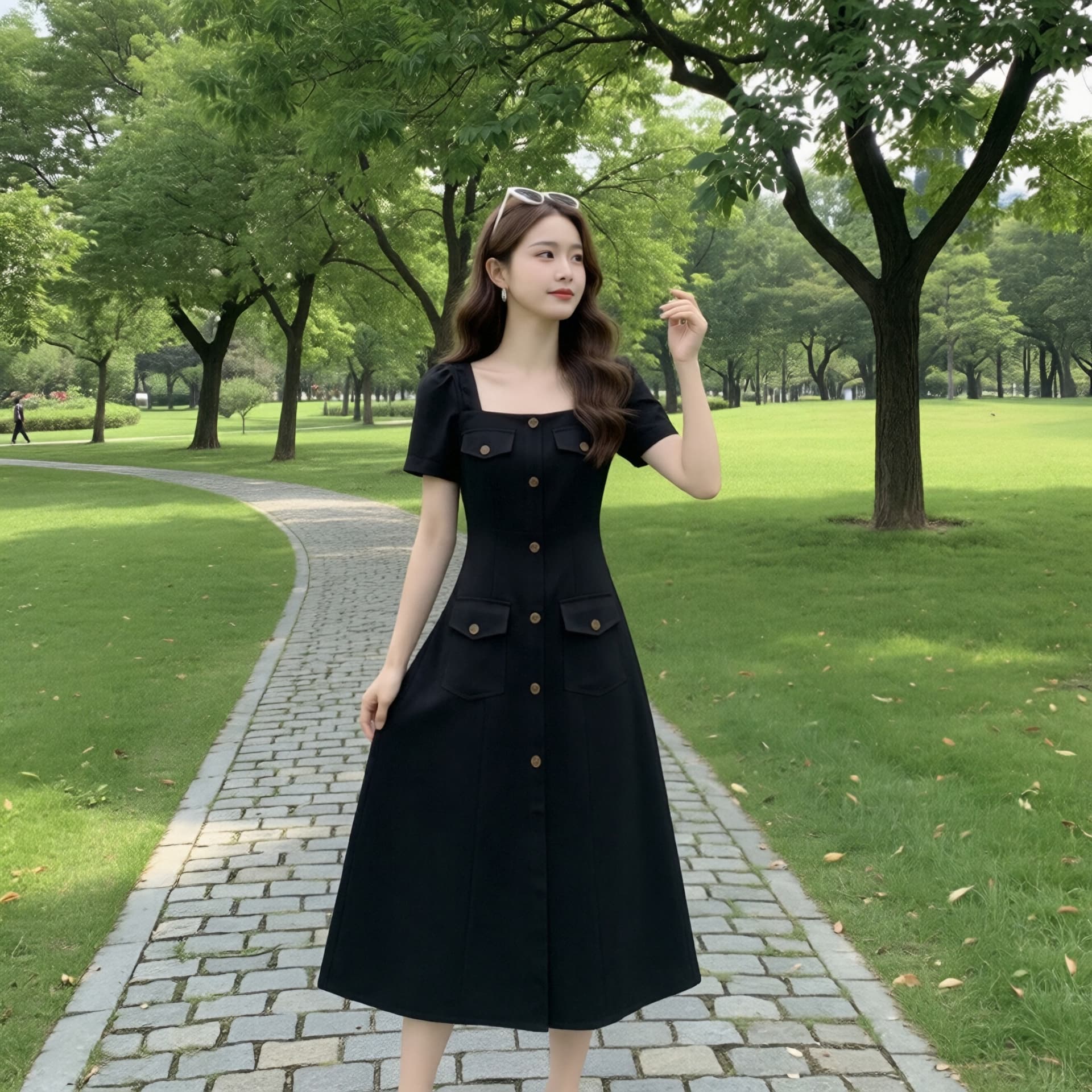 빅 사이즈 지방 mm 루즈핏 표지 배 드레스 여름 프랑스식 광장 칼라 작은 검은 드레스 대양 품격 중간 길이 치마 상세 이미지 5