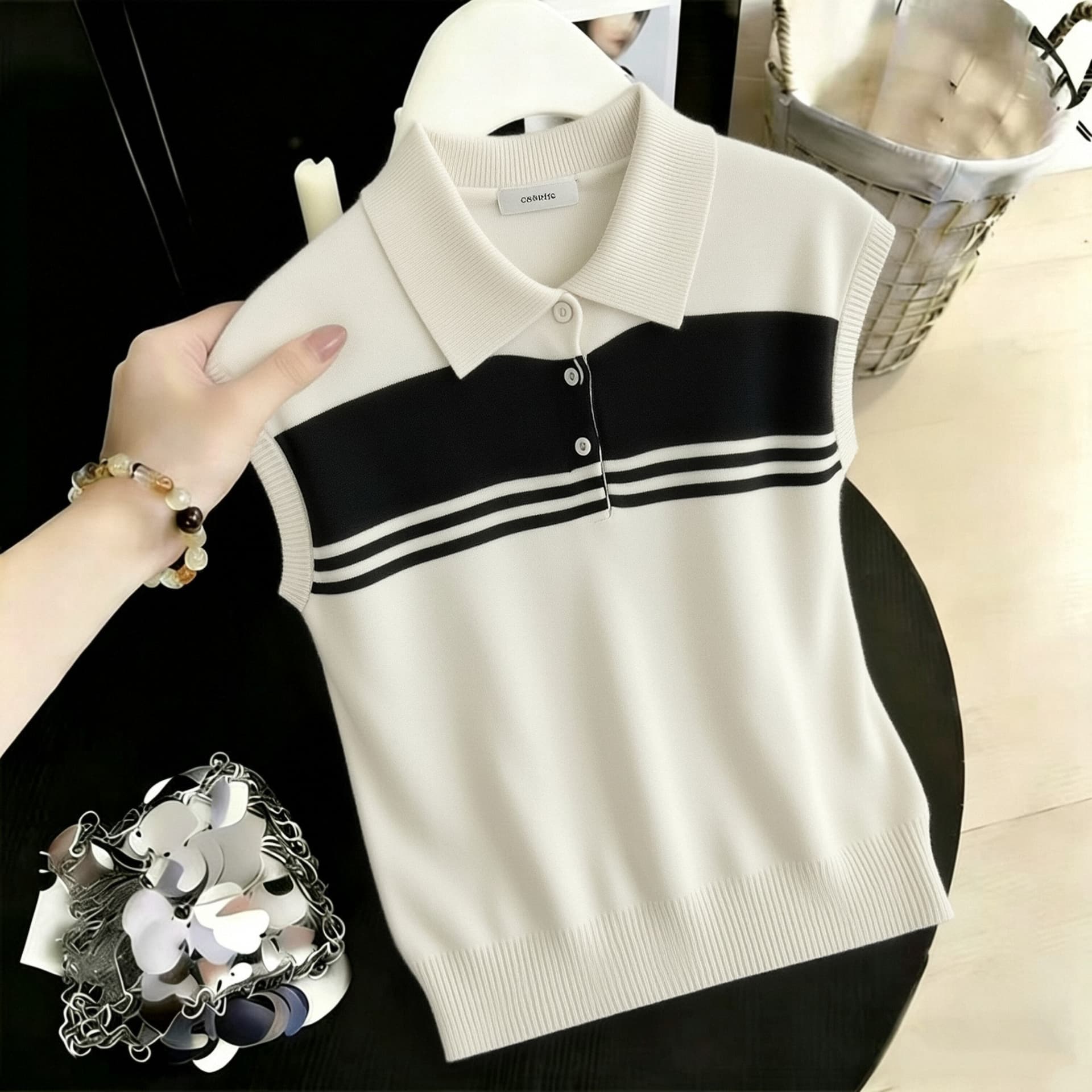 일본식 한국 스타일 루즈핏 빅 사이즈 배색 스트라이프 POLO 칼라 얼음 실크 니트 스웨터 슬림해 보이는 만나는 학원 스타일 얇은 스타일 이미지 2