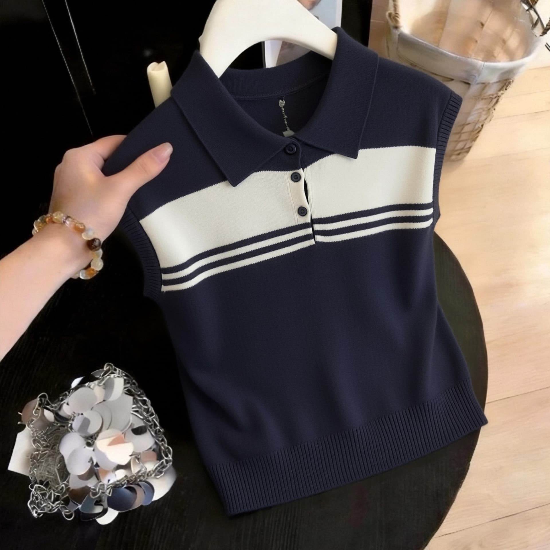 일본식 한국 스타일 루즈핏 빅 사이즈 배색 스트라이프 POLO 칼라 얼음 실크 니트 스웨터 슬림해 보이는 만나는 학원 스타일 얇은 스타일