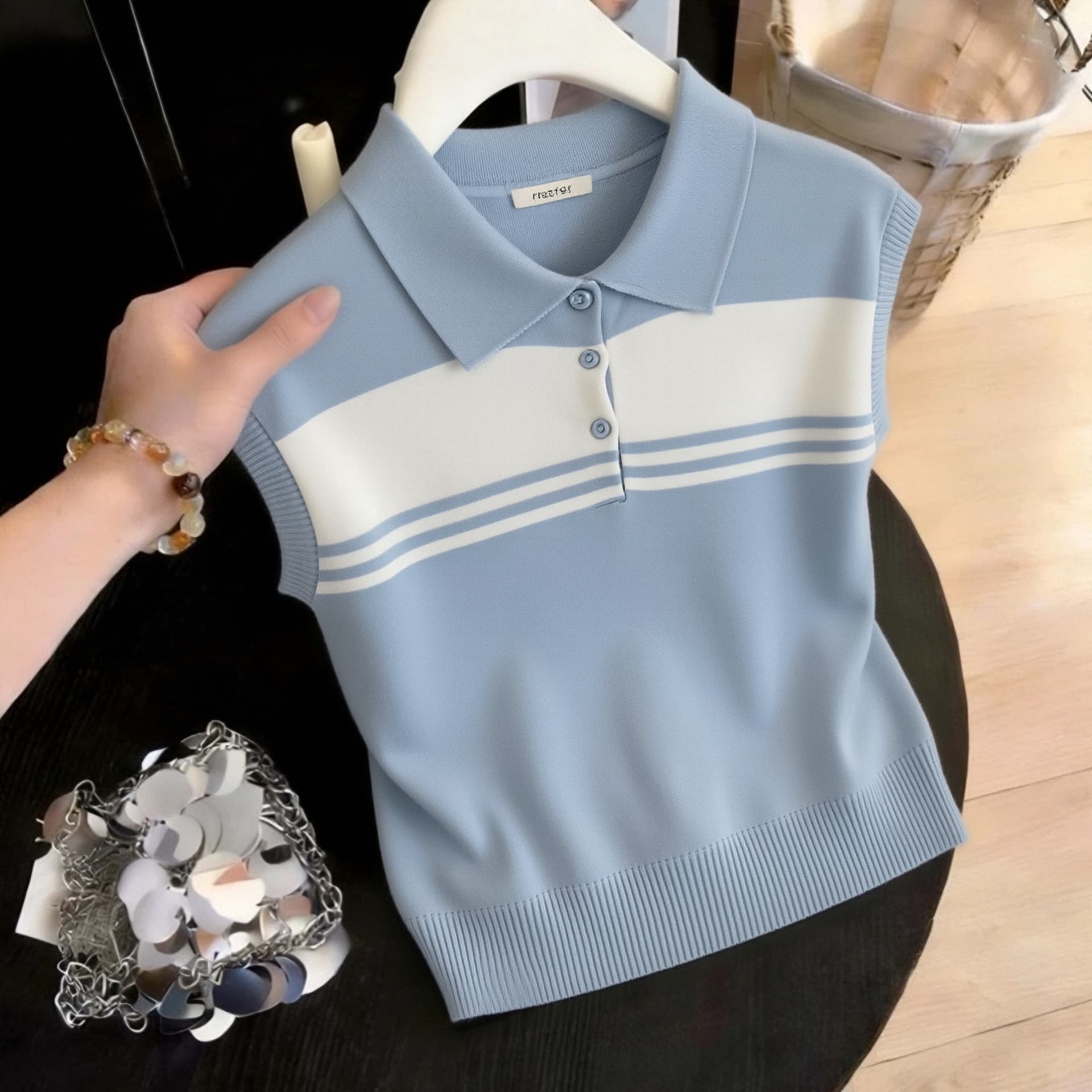 일본식 한국 스타일 루즈핏 빅 사이즈 배색 스트라이프 POLO 칼라 얼음 실크 니트 스웨터 슬림해 보이는 만나는 학원 스타일 얇은 스타일 이미지 5