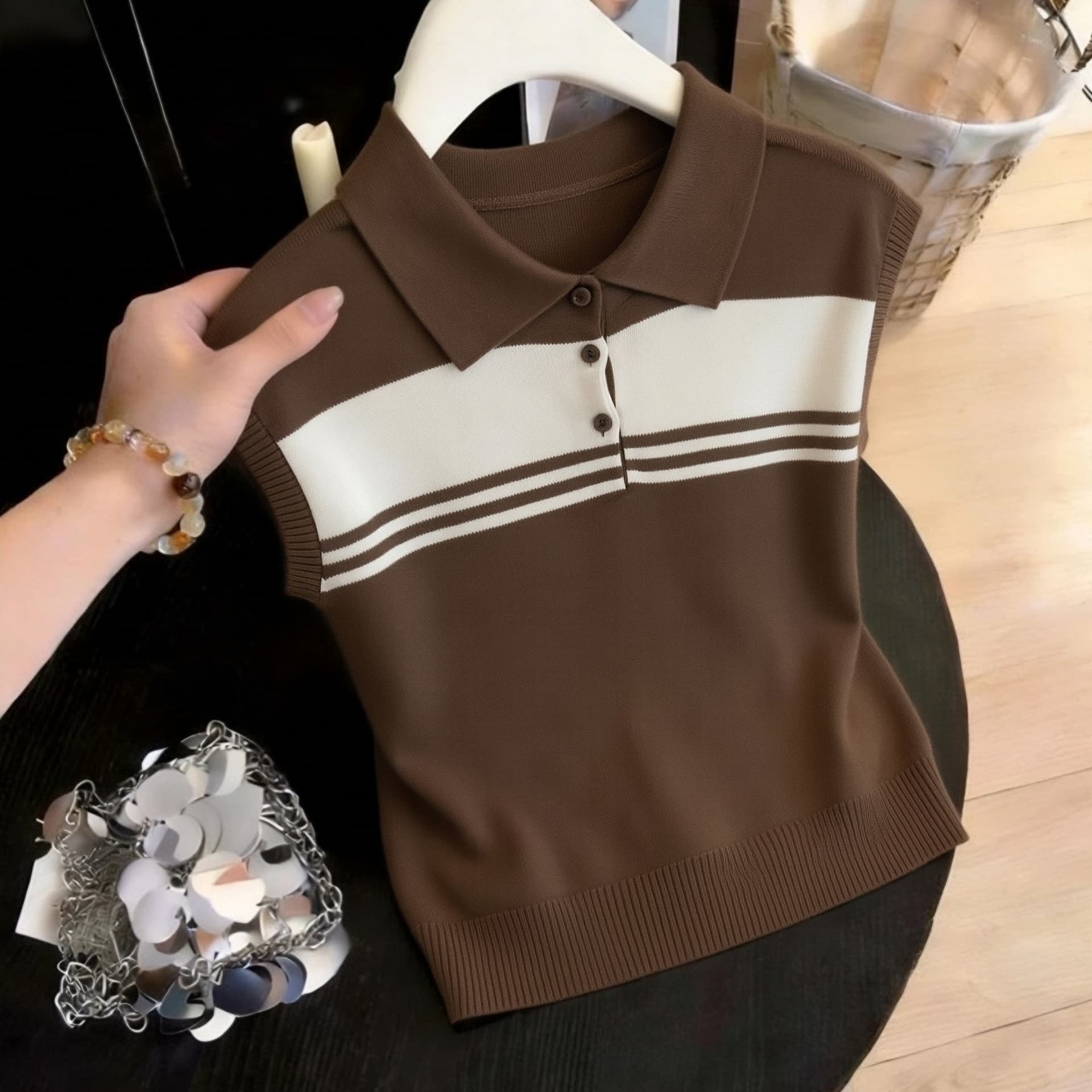 일본식 한국 스타일 루즈핏 빅 사이즈 배색 스트라이프 POLO 칼라 얼음 실크 니트 스웨터 슬림해 보이는 만나는 학원 스타일 얇은 스타일 상세 이미지 5