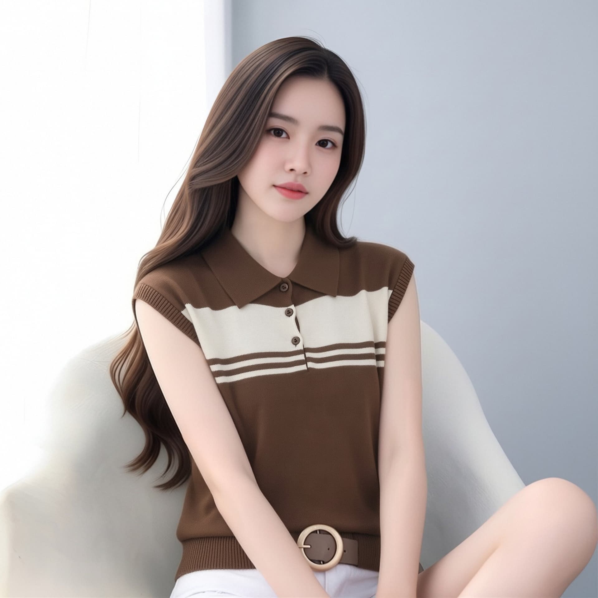 일본식 한국 스타일 루즈핏 빅 사이즈 배색 스트라이프 POLO 칼라 얼음 실크 니트 스웨터 슬림해 보이는 만나는 학원 스타일 얇은 스타일 이미지 2