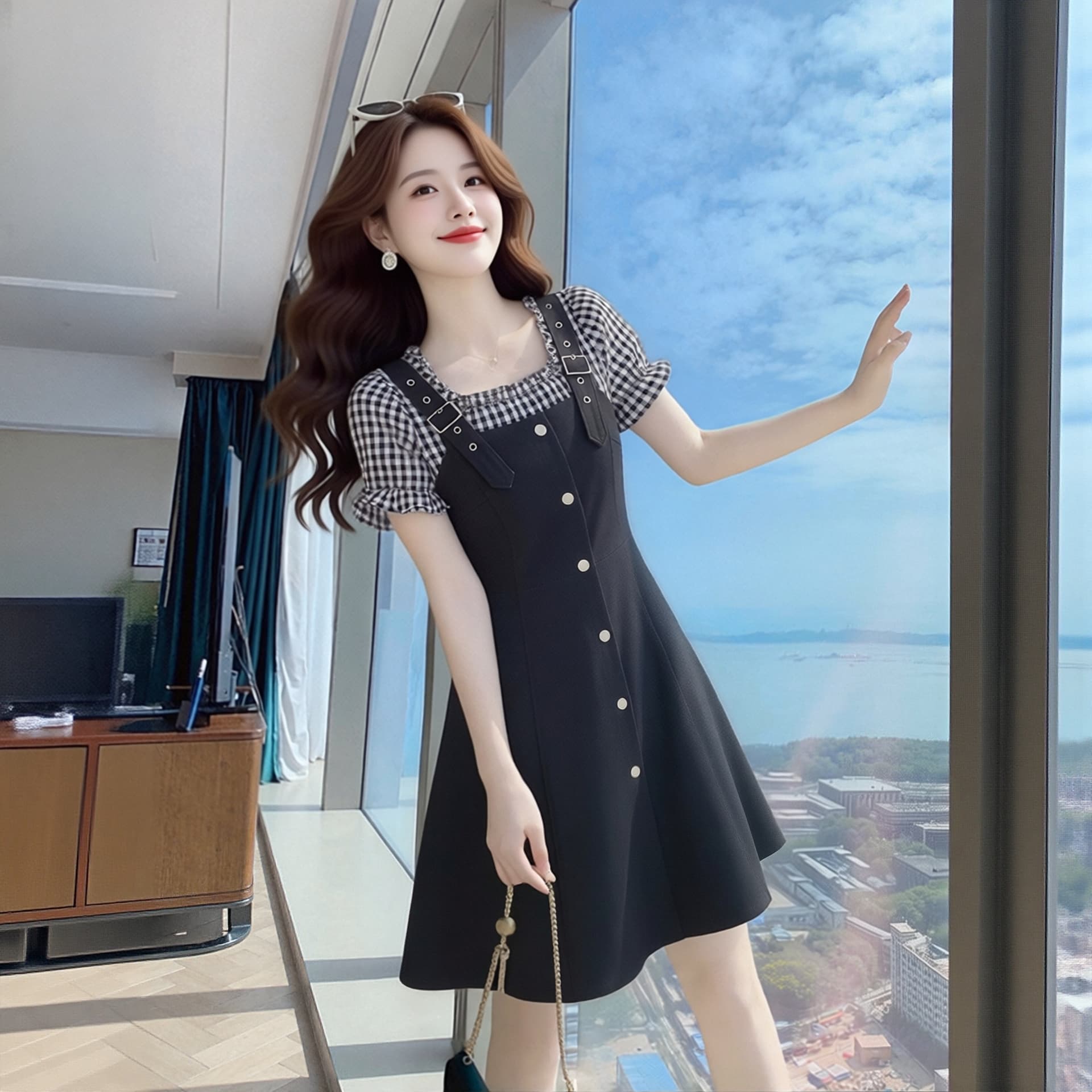 빅 사이즈 슬림해 보이는 체크무늬 페이크 레이어드 패치워크 슬립 드레스 여름 새로운 고급 센스 작은 키 지방 mm 슬림해 보이는 상세 이미지 1