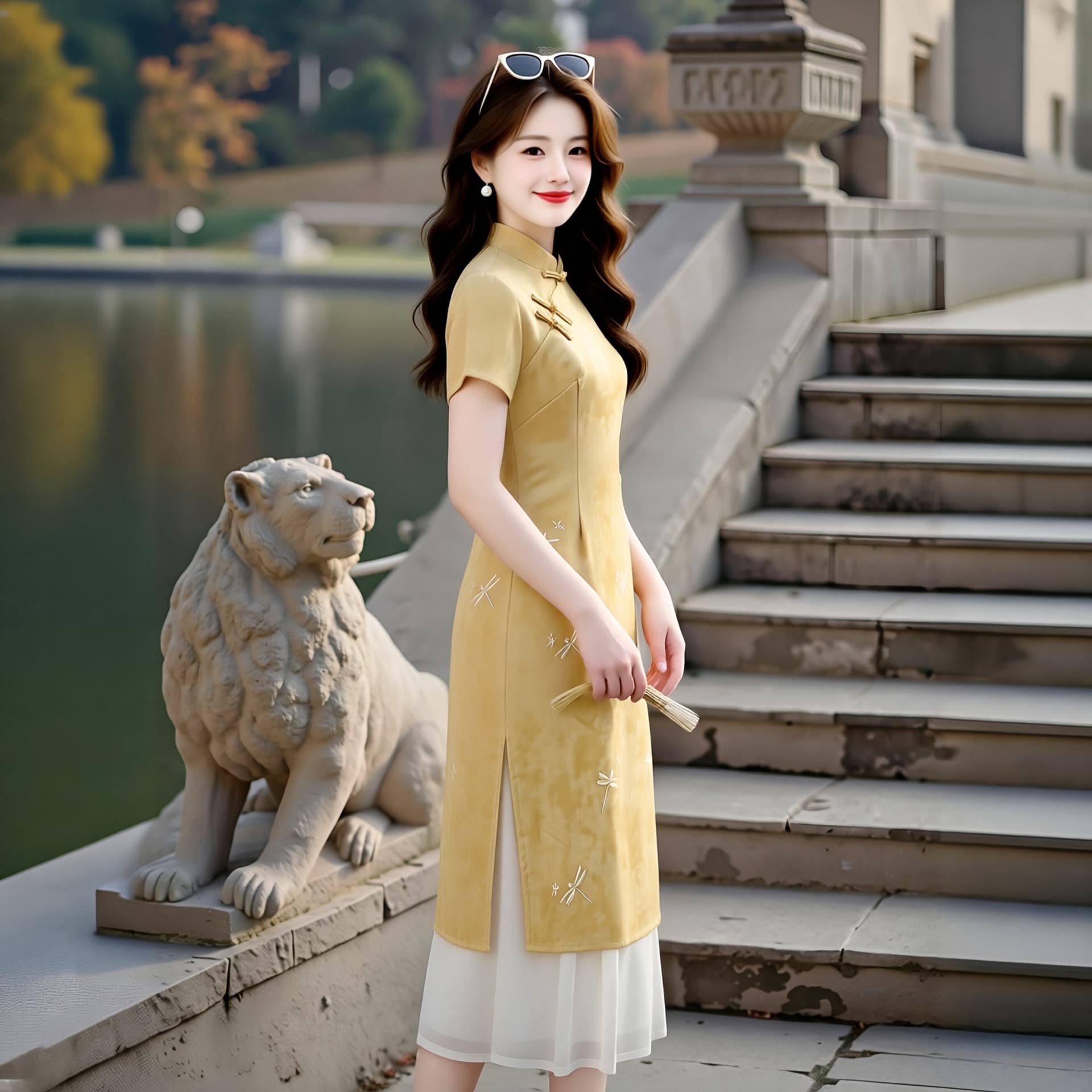 빅 사이즈 여성 의류 여름 새로운 중식 개선 단추 치파오 드레스 蜻 프린트 드레스 패치워크 드레스