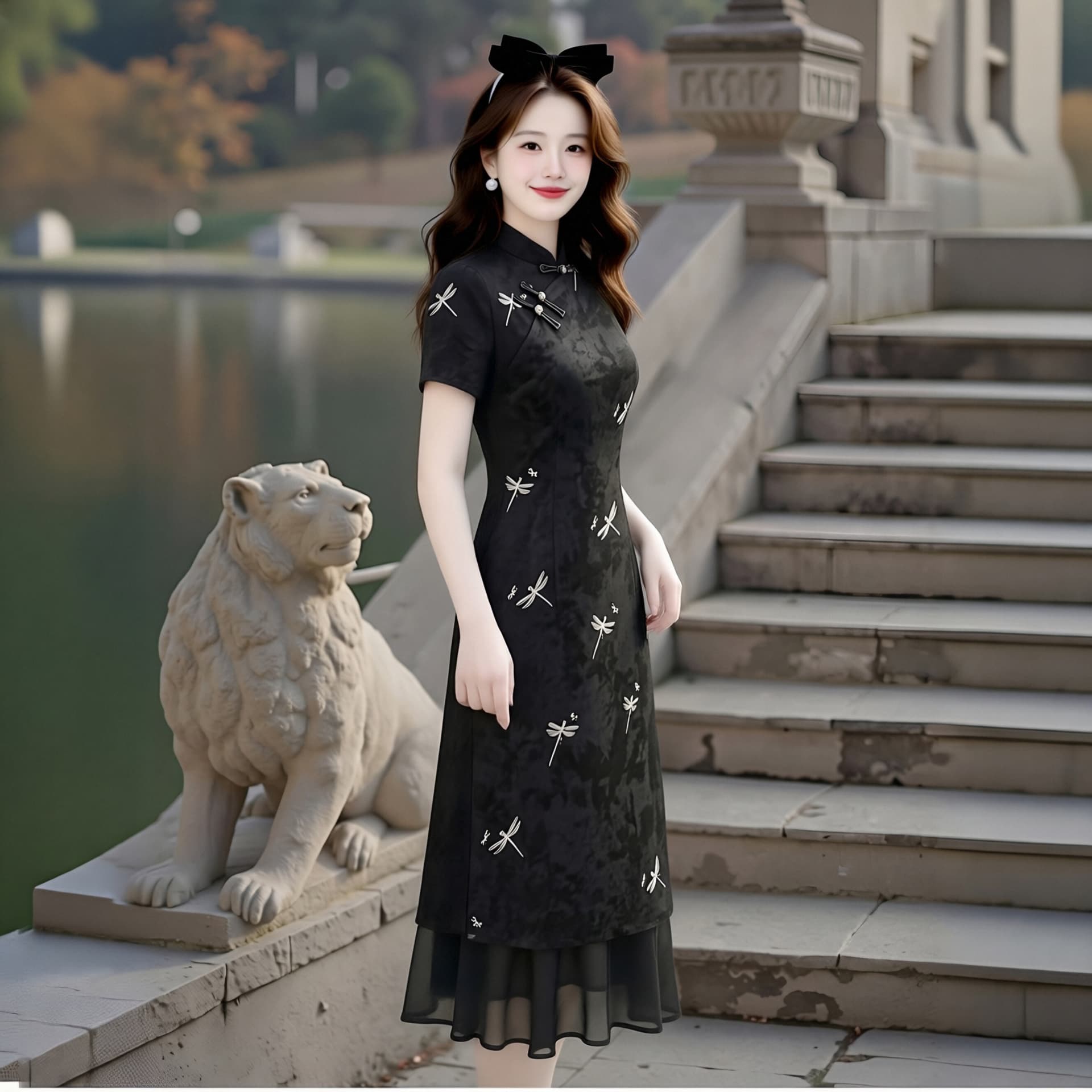 빅 사이즈 여성 의류 여름 새로운 중식 개선 단추 치파오 드레스 蜻 프린트 드레스 패치워크 드레스 이미지 4