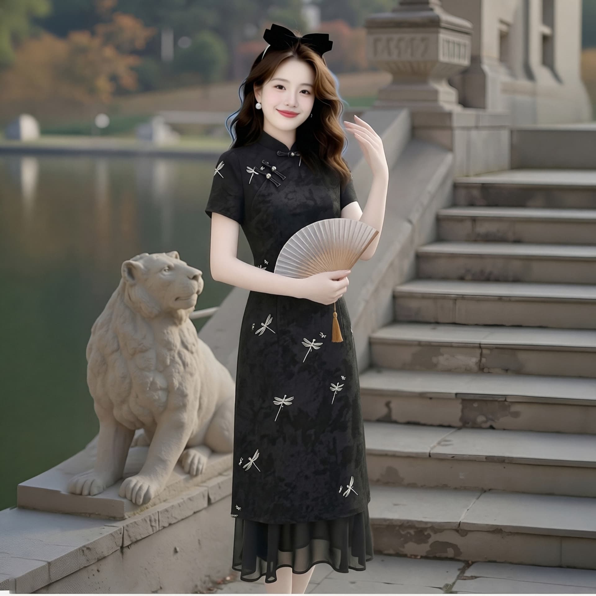 빅 사이즈 여성 의류 여름 새로운 중식 개선 단추 치파오 드레스 蜻 프린트 드레스 패치워크 드레스 이미지 2