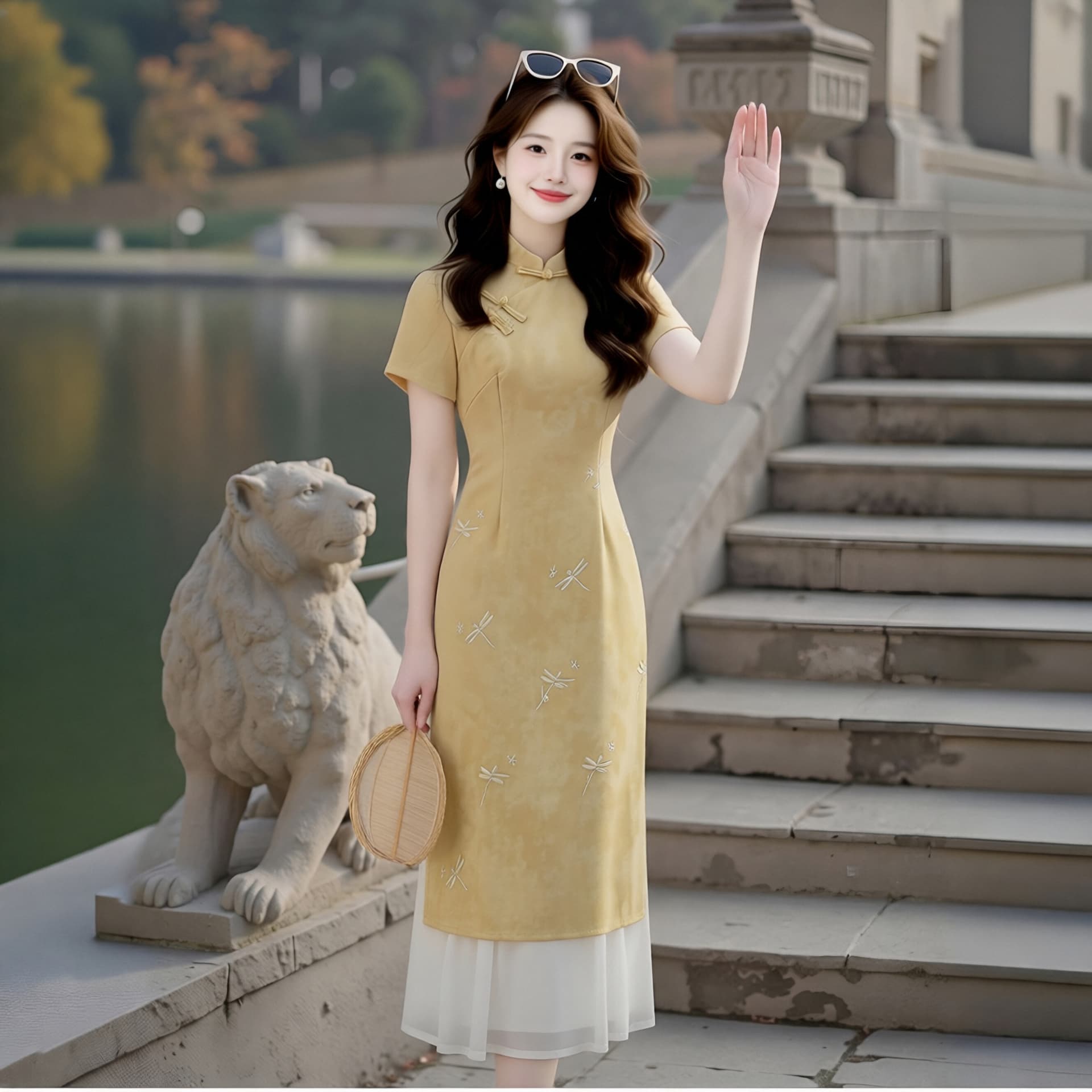 빅 사이즈 여성 의류 여름 새로운 중식 개선 단추 치파오 드레스 蜻 프린트 드레스 패치워크 드레스 상세 이미지 6