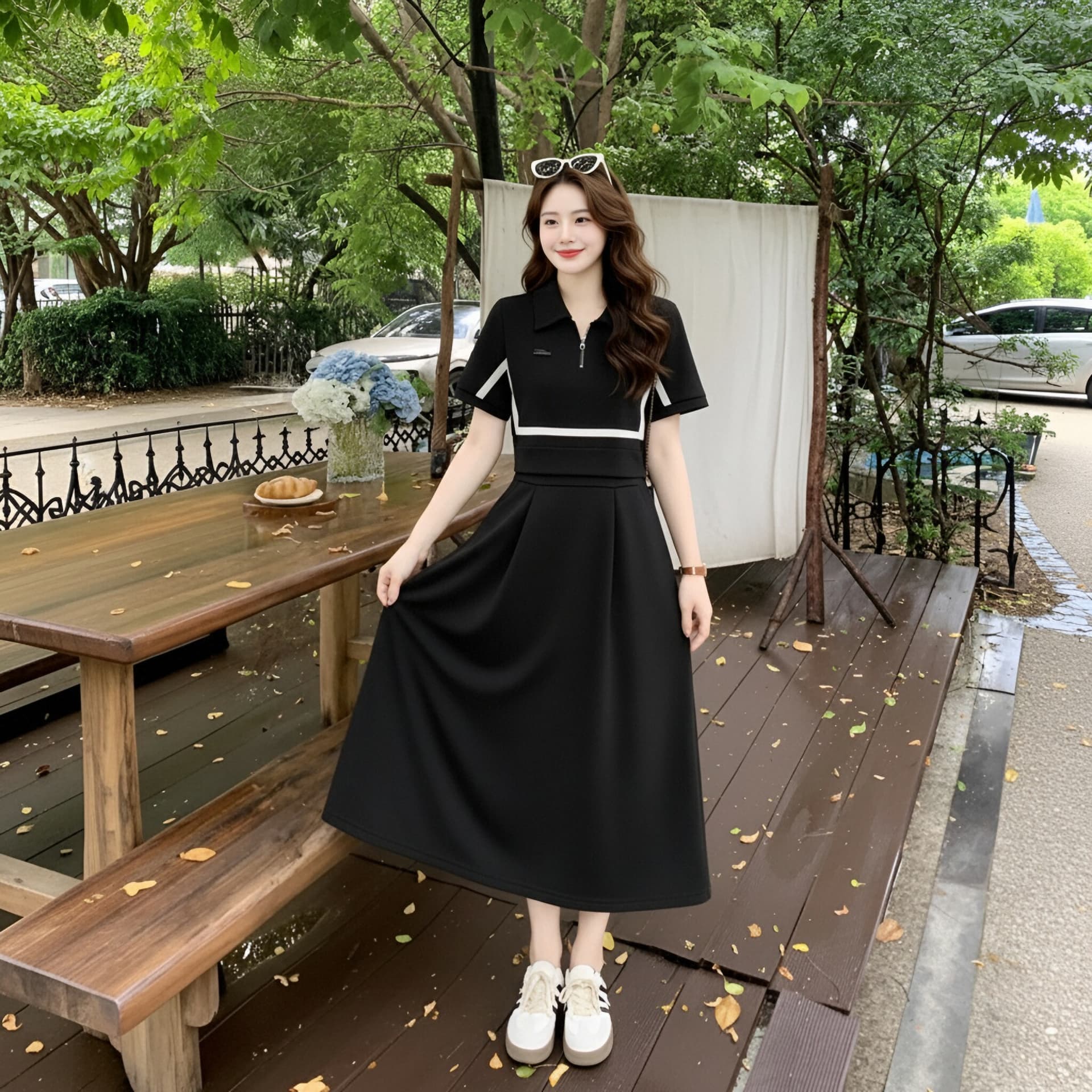 빅 사이즈 프랑스식 디자인 페이크 레이어드 polo 여성 드레스 여름 새로운 슬림해 보이는 표지 배 지방 mm 숨기기 고기 A라인 스커트 이미지 3