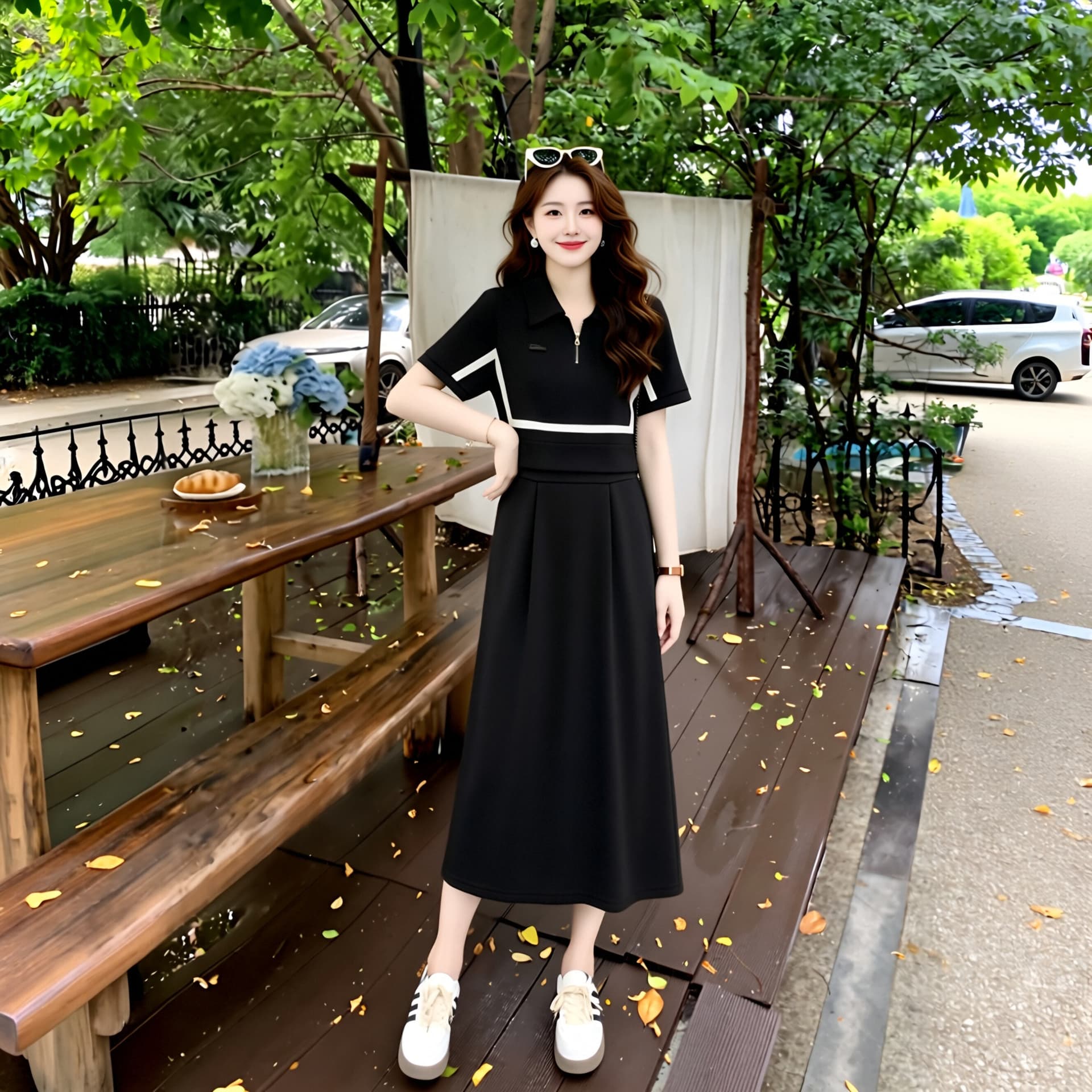 빅 사이즈 프랑스식 디자인 페이크 레이어드 polo 여성 드레스 여름 새로운 슬림해 보이는 표지 배 지방 mm 숨기기 고기 A라인 스커트 이미지 4