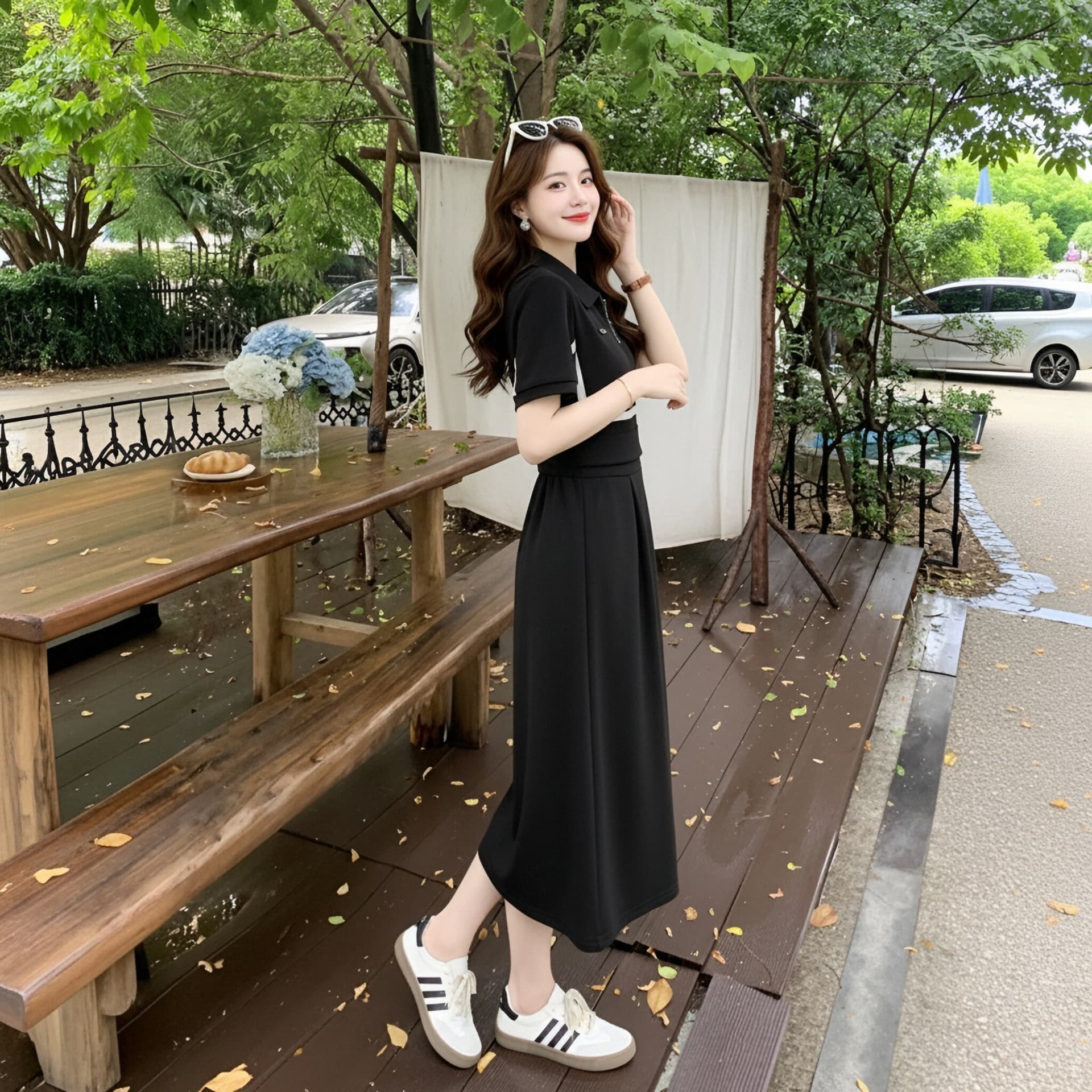 빅 사이즈 프랑스식 디자인 페이크 레이어드 polo 여성 드레스 여름 새로운 슬림해 보이는 표지 배 지방 mm 숨기기 고기 A라인 스커트 상세 이미지 1