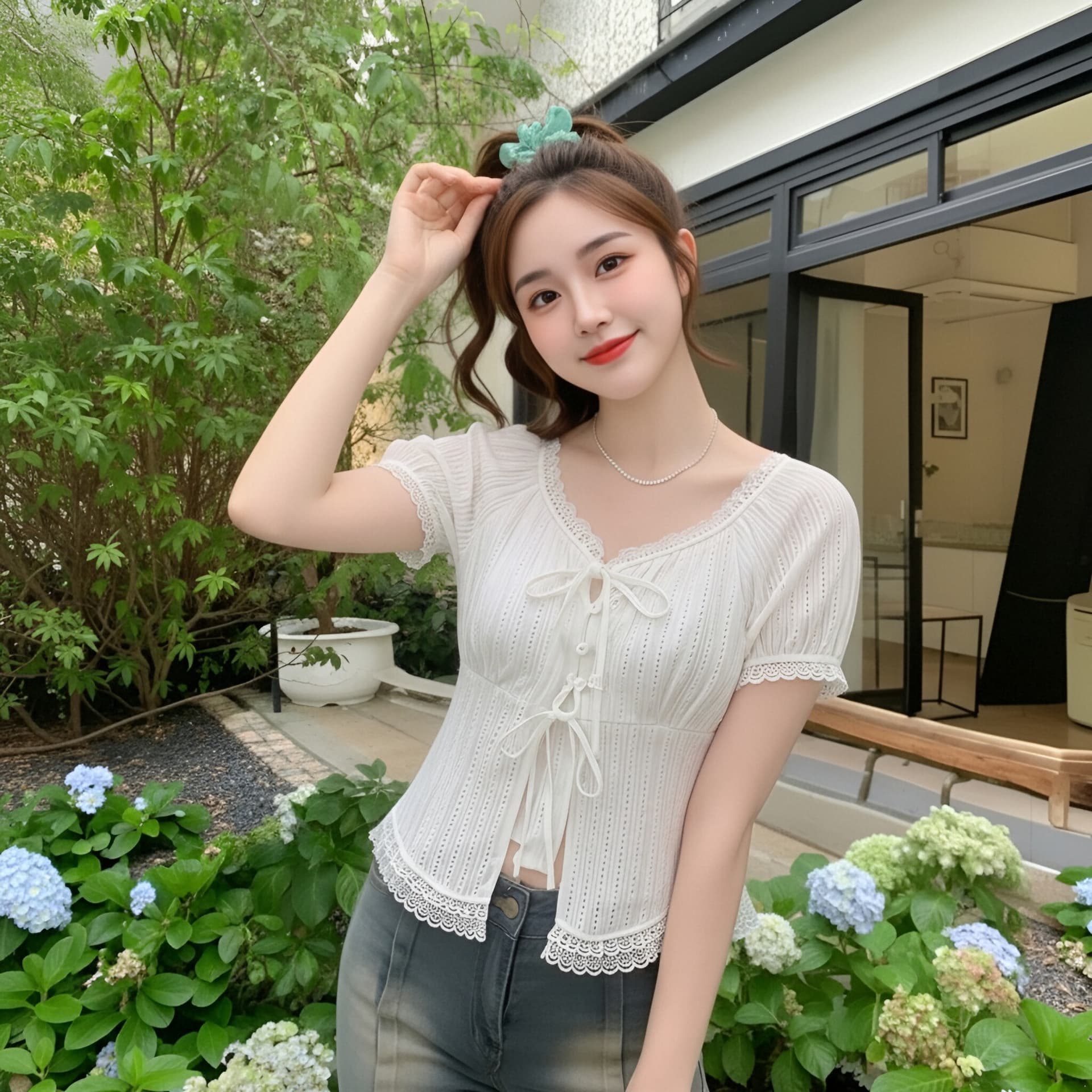 2026 달콤한 스타일 레이스 측면 스트랩 반팔 여성 셔츠 여름 외국 가스 작은 셔츠 고유 한 Chic 맨위 이미지 2