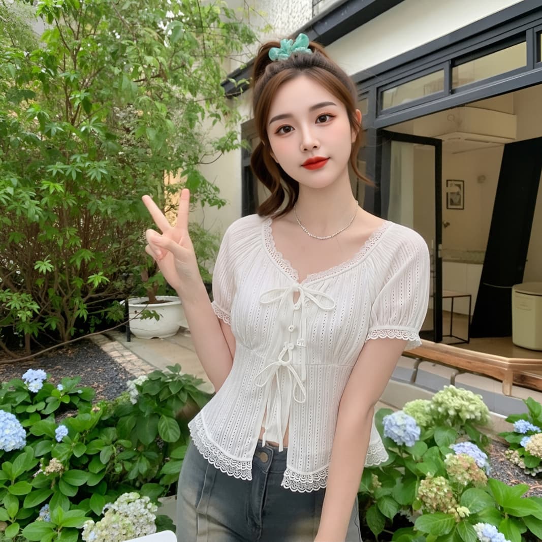 2026 달콤한 스타일 레이스 측면 스트랩 반팔 여성 셔츠 여름 외국 가스 작은 셔츠 고유 한 Chic 맨위 상세 이미지 1