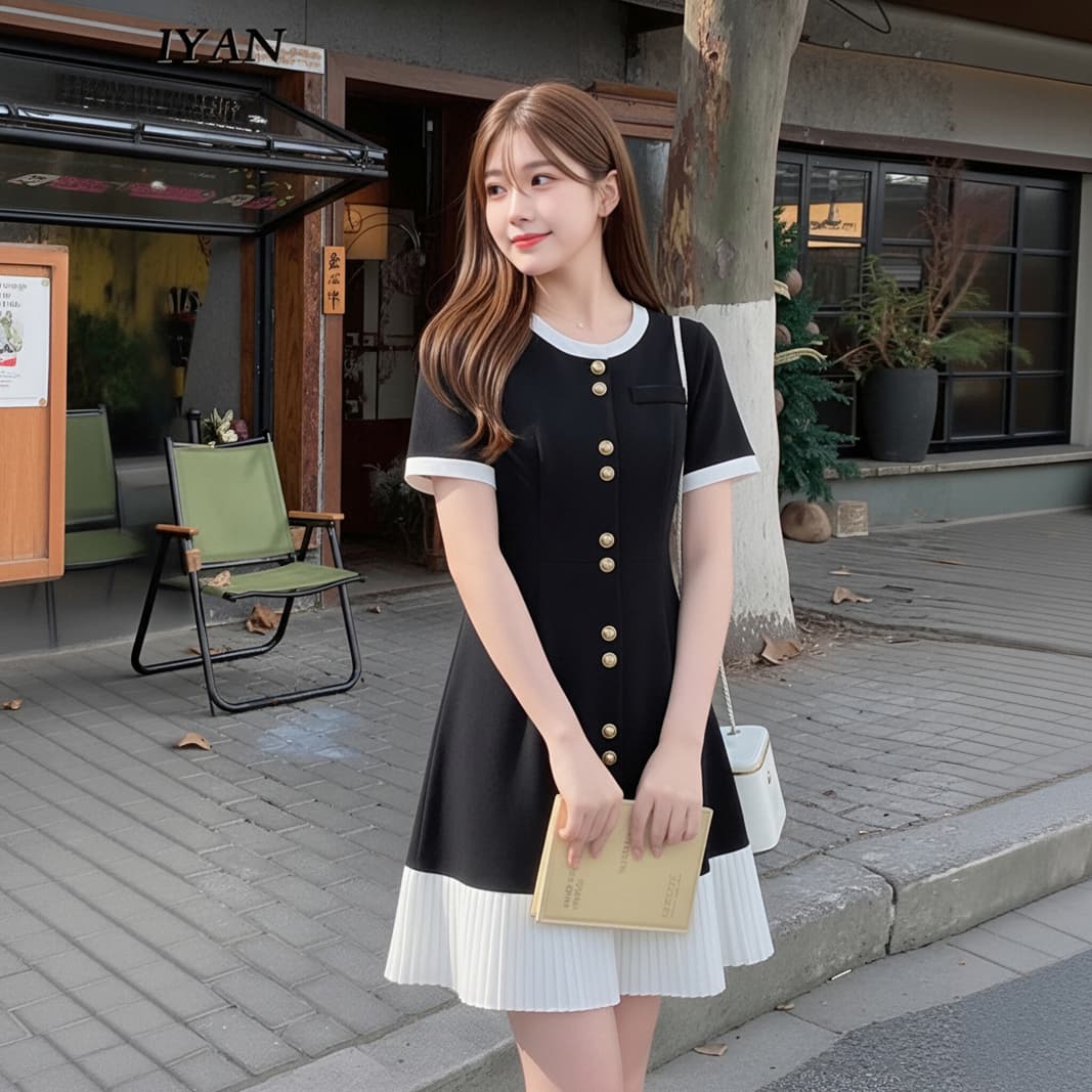 프랑스식 작은 샤넬 스타일 배색 패치워크 드레스 아이들 여름 빅 사이즈 지방 mm 허리 수축 슬림해 보이는 중간 길이 작은 검은 드레스 상세 이미지 2