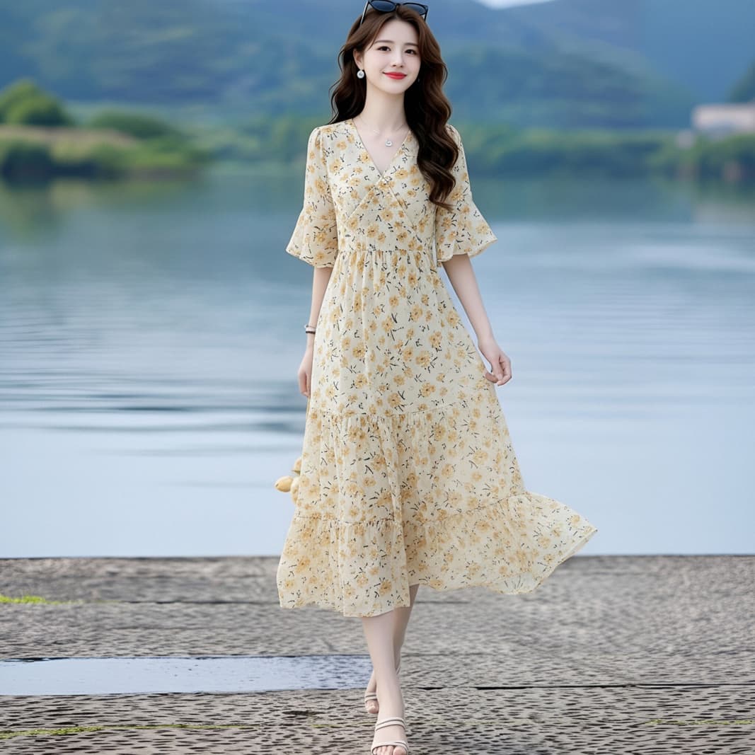 롱 코트 꽃무늬 여성 드레스 여름 새로운 V넥 품격 슬림해 보이는 요정 롱 스커트 A라인 스커트 아이들 이미지 4