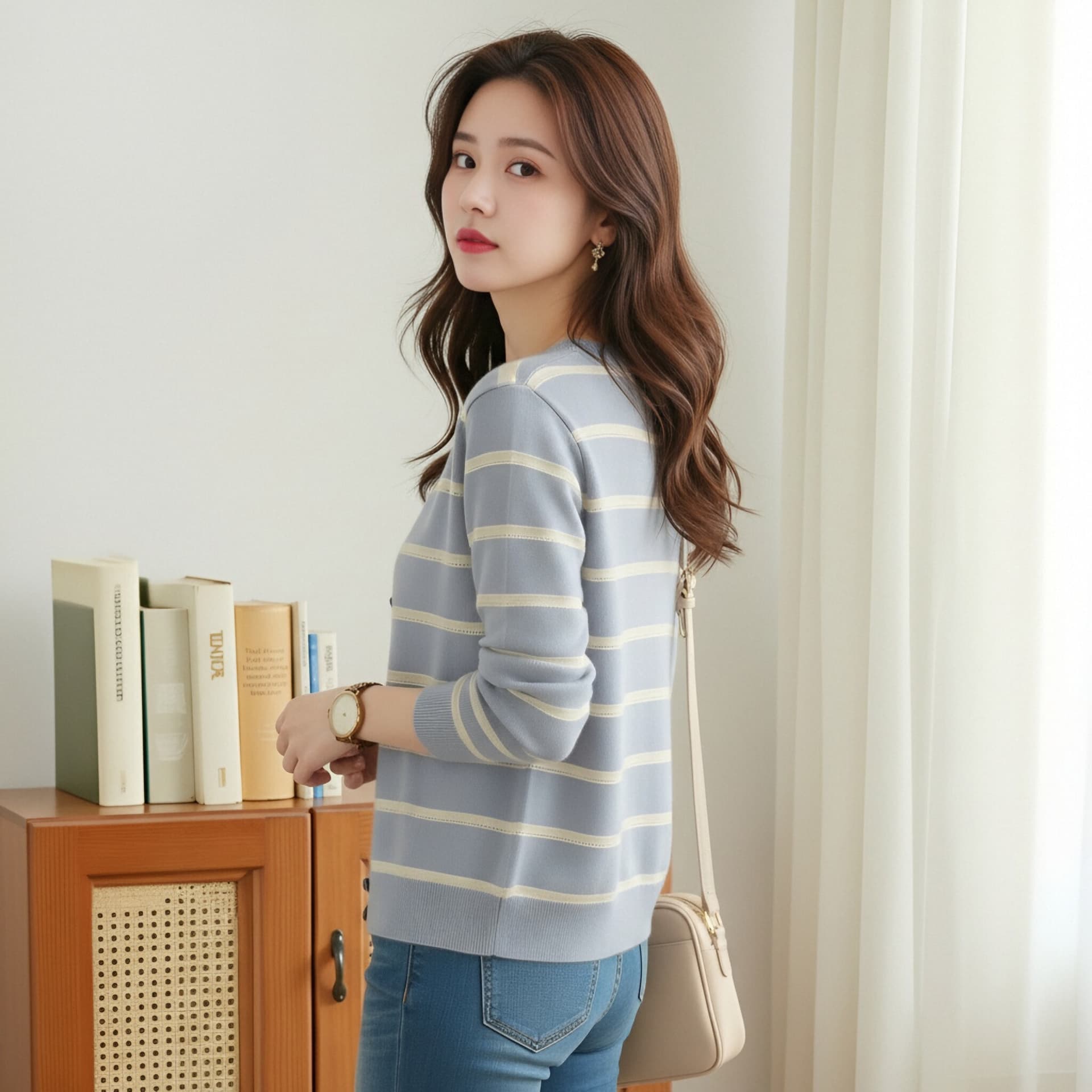 실사 2026 가을 겨울 새로운 여성 의류 긴팔 니트 오픈 가디건 라운드 넥 싱글 줄 버튼 배색 스트라이프 디자인 센스 패션 이미지 3