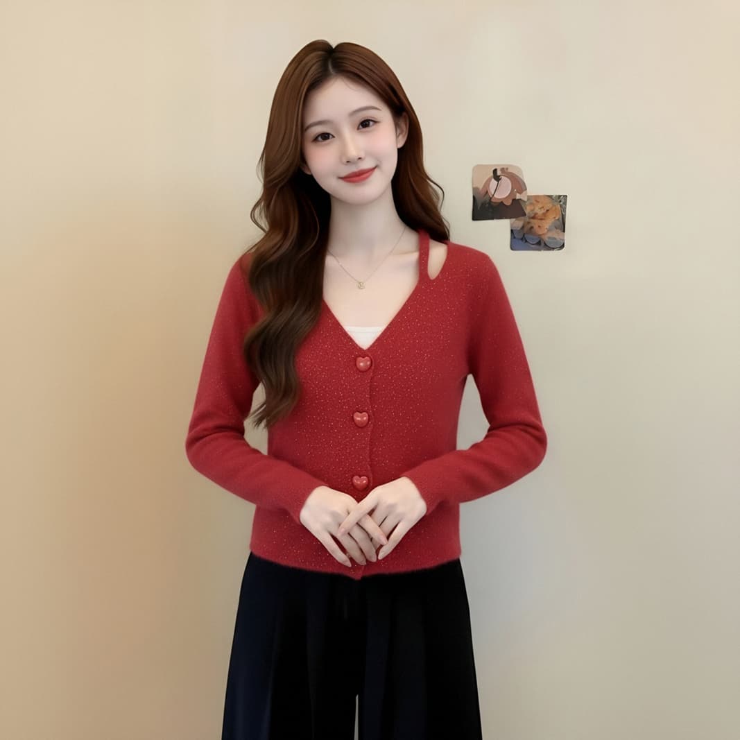 실사 빨간색 스웨터 여자 2026 년 겨울 새로운 레트로 쇼트 스타일 만나는 니트 오픈 가디건 상세 이미지 7