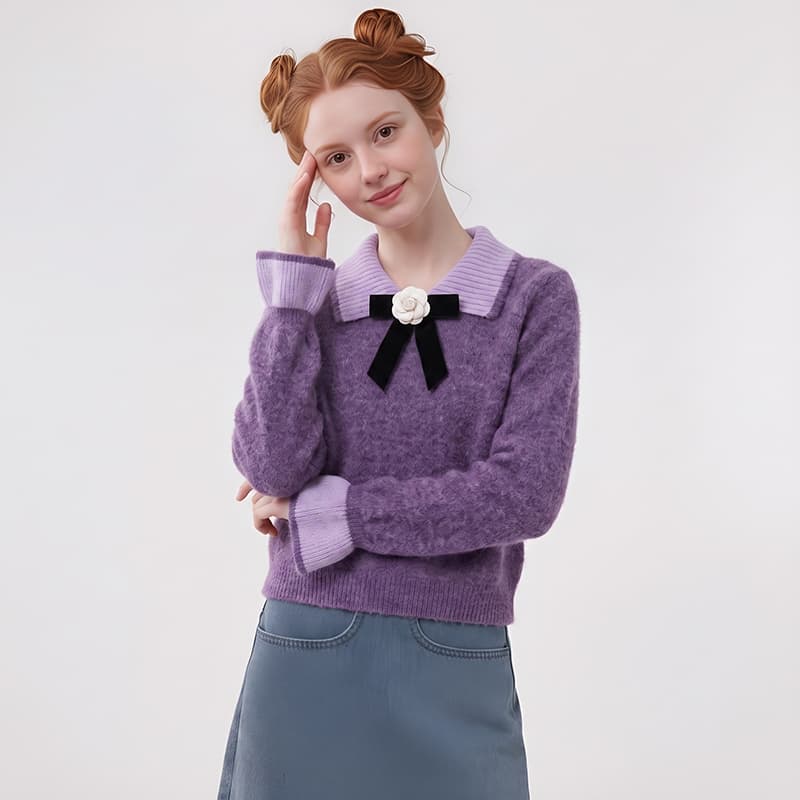 실사 연꽃 잎 소매 달콤한 스타일 베이비 칼라 나비 매듭 스웨터 여자 느긋한 바람 스피커 케이블 커프스 니트 스웨터 이미지 3