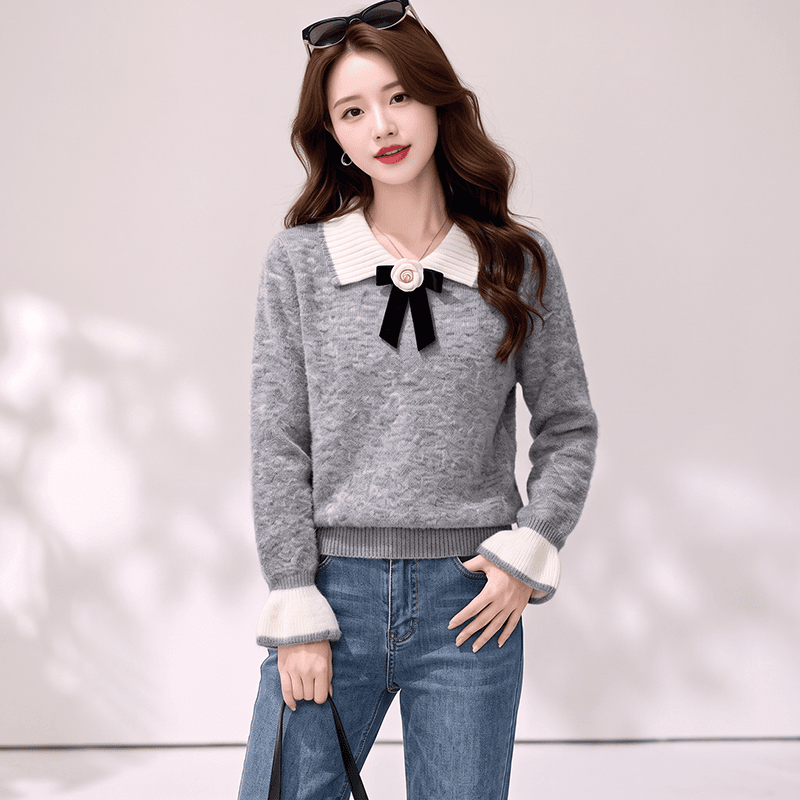 실사 연꽃 잎 소매 달콤한 스타일 베이비 칼라 나비 매듭 스웨터 여자 느긋한 바람 스피커 케이블 커프스 니트 스웨터 이미지 5