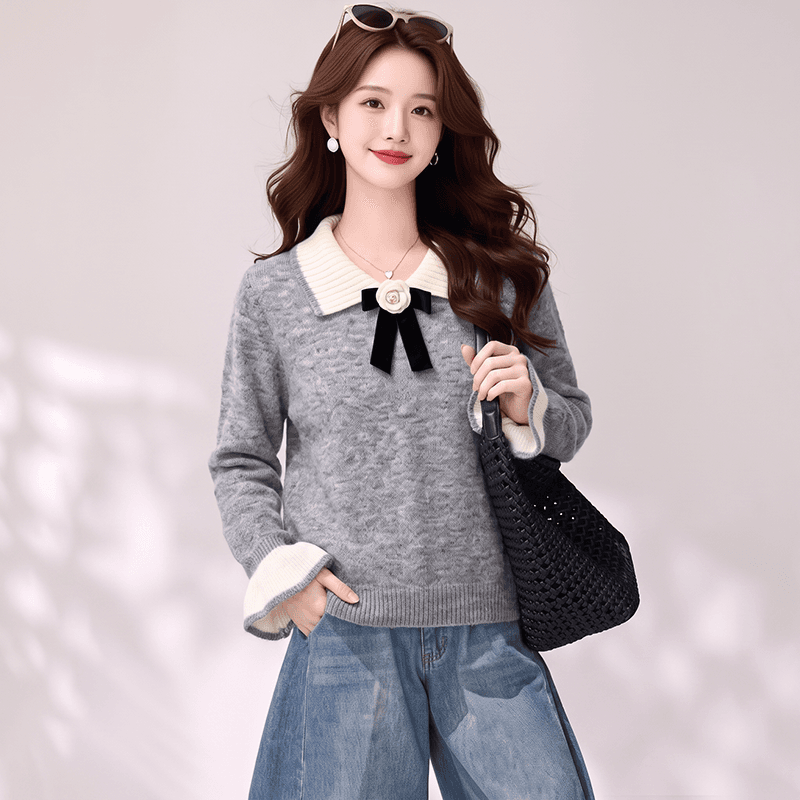 실사 연꽃 잎 소매 달콤한 스타일 베이비 칼라 나비 매듭 스웨터 여자 느긋한 바람 스피커 케이블 커프스 니트 스웨터 이미지 6