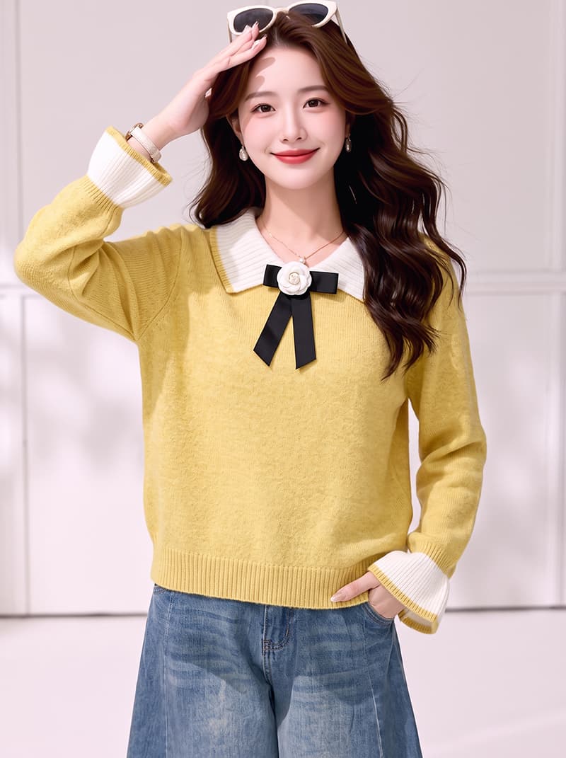 실사 연꽃 잎 소매 달콤한 스타일 베이비 칼라 나비 매듭 스웨터 여자 느긋한 바람 스피커 케이블 커프스 니트 스웨터 상세 이미지 6