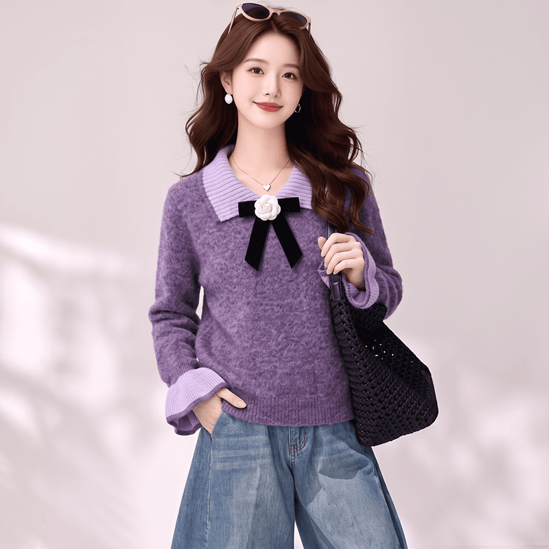실사 연꽃 잎 소매 달콤한 스타일 베이비 칼라 나비 매듭 스웨터 여자 느긋한 바람 스피커 케이블 커프스 니트 스웨터 상세 이미지 8