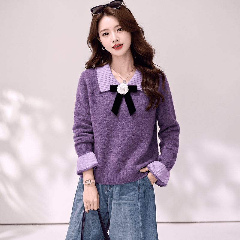 실사 연꽃 잎 소매 달콤한 스타일 베이비 칼라 나비 매듭 스웨터 여자 느긋한 바람 스피커 케이블 커프스 니트 스웨터 상세 이미지 11