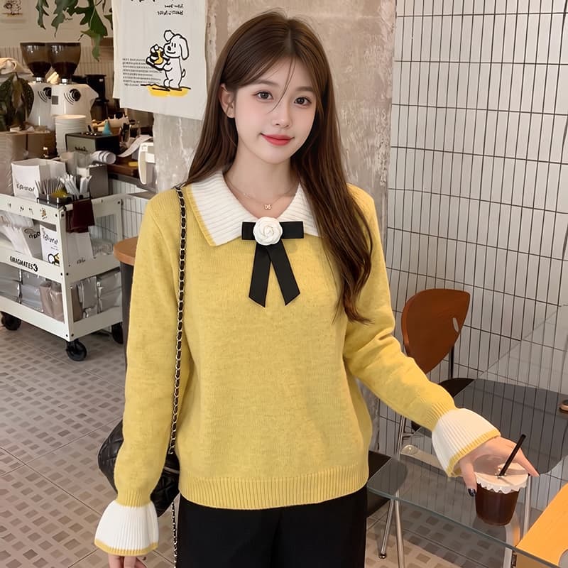 실사 연꽃 잎 소매 달콤한 스타일 베이비 칼라 나비 매듭 스웨터 여자 느긋한 바람 스피커 케이블 커프스 니트 스웨터 이미지 6