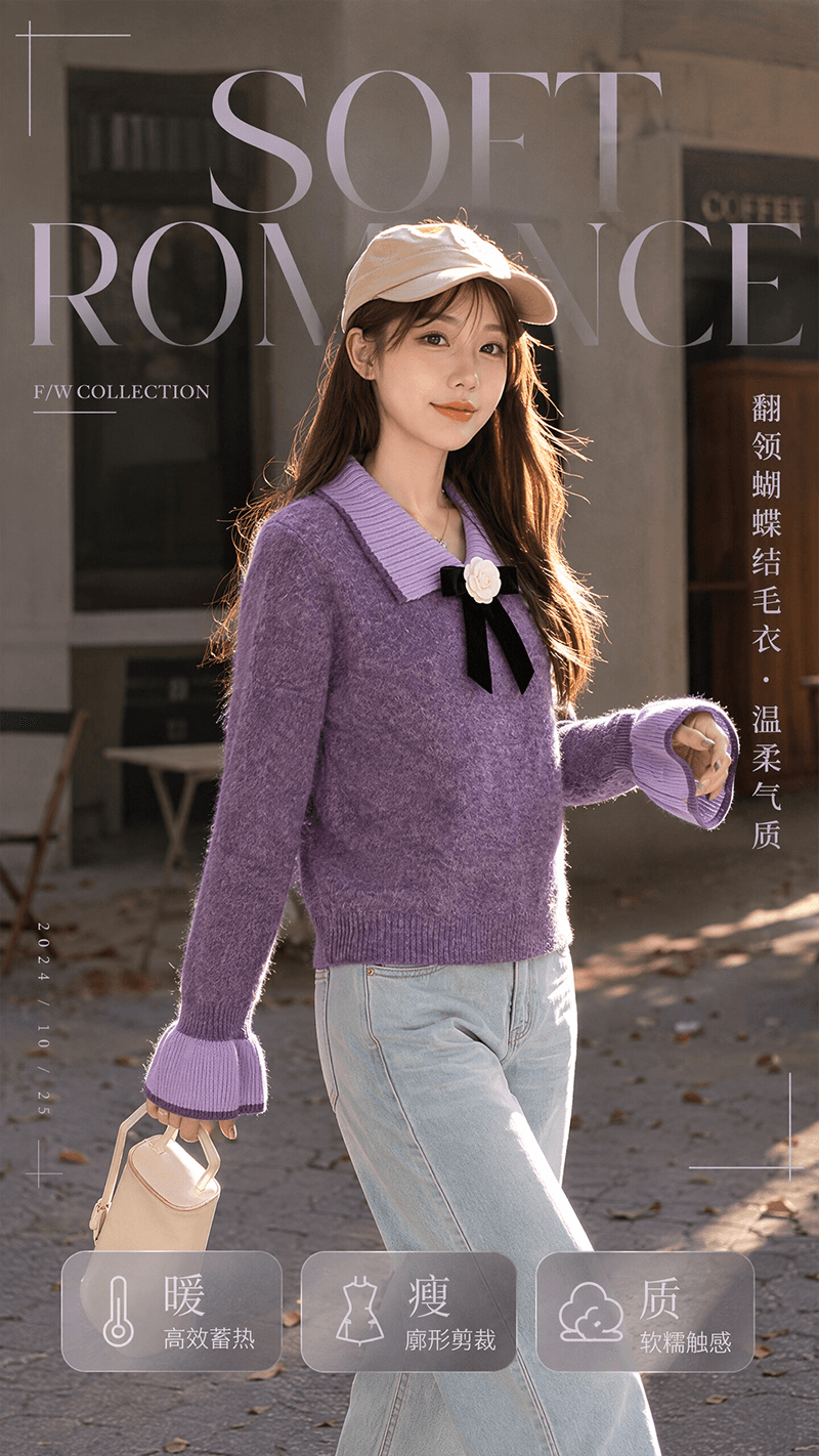 실사 연꽃 잎 소매 달콤한 스타일 베이비 칼라 나비 매듭 스웨터 여자 느긋한 바람 스피커 케이블 커프스 니트 스웨터 상세 이미지 1