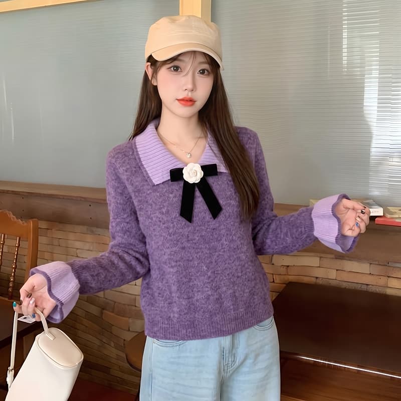 실사 연꽃 잎 소매 달콤한 스타일 베이비 칼라 나비 매듭 스웨터 여자 느긋한 바람 스피커 케이블 커프스 니트 스웨터 상세 이미지 5