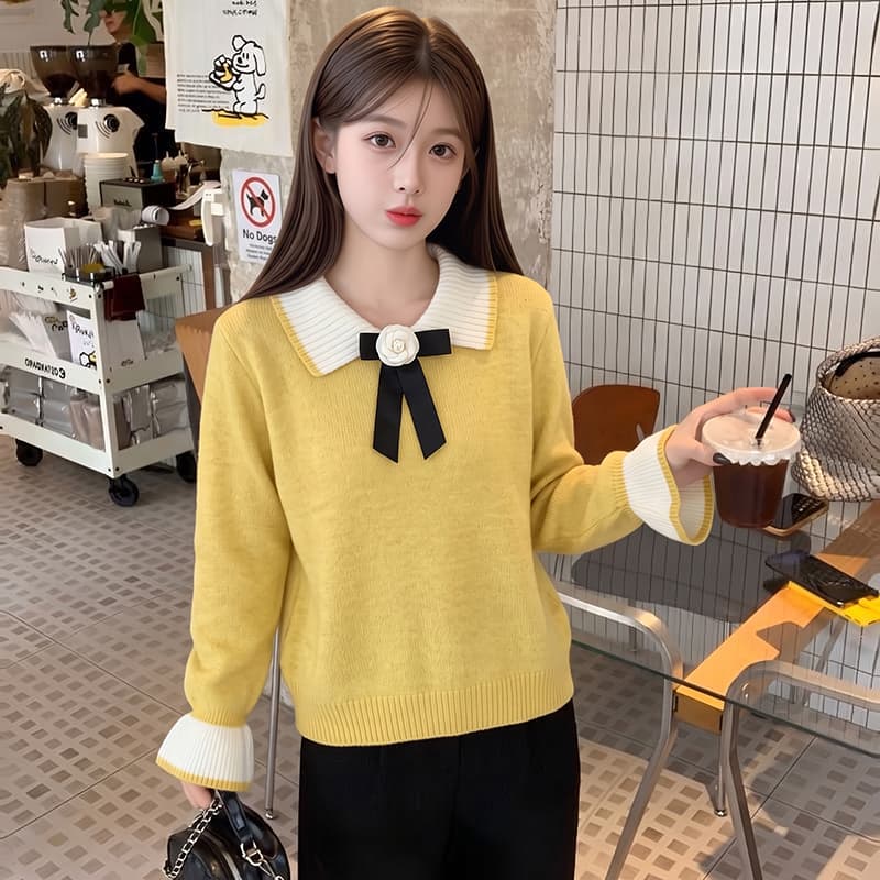 실사 연꽃 잎 소매 달콤한 스타일 베이비 칼라 나비 매듭 스웨터 여자 느긋한 바람 스피커 케이블 커프스 니트 스웨터 상세 이미지 7