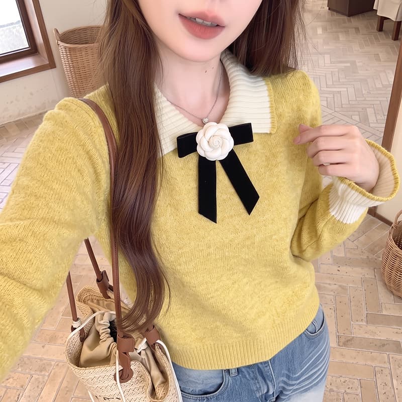 실사 연꽃 잎 소매 달콤한 스타일 베이비 칼라 나비 매듭 스웨터 여자 느긋한 바람 스피커 케이블 커프스 니트 스웨터 이미지 2