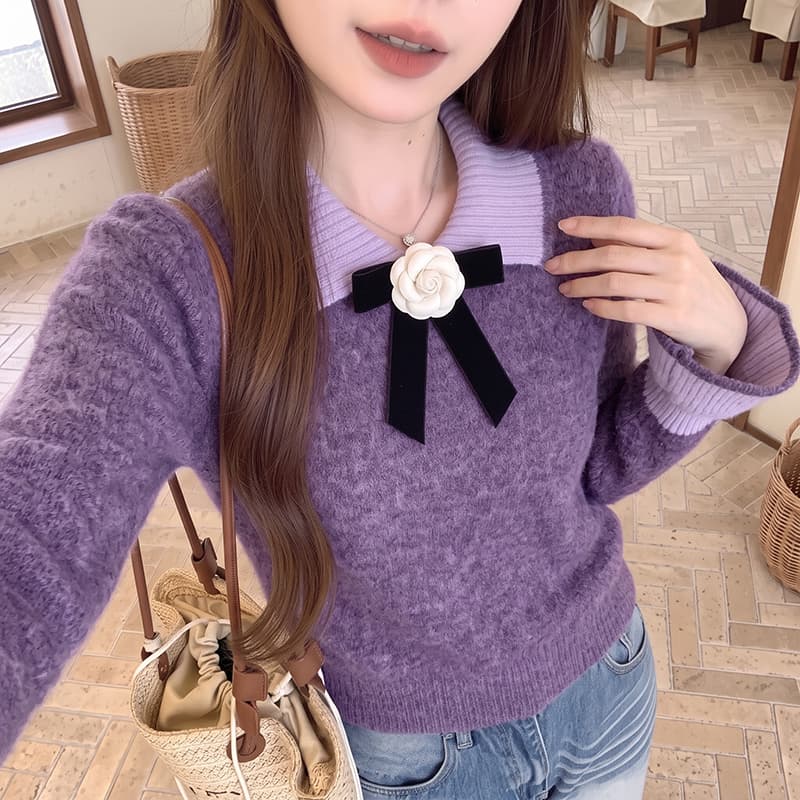 실사 연꽃 잎 소매 달콤한 스타일 베이비 칼라 나비 매듭 스웨터 여자 느긋한 바람 스피커 케이블 커프스 니트 스웨터 상세 이미지 6