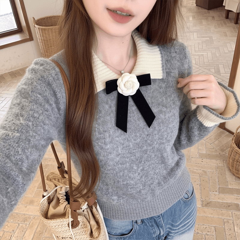 실사 연꽃 잎 소매 달콤한 스타일 베이비 칼라 나비 매듭 스웨터 여자 느긋한 바람 스피커 케이블 커프스 니트 스웨터 상세 이미지 8
