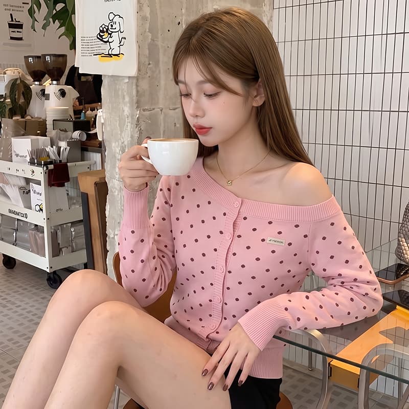 실사 레트로 도트 무늬 비스듬한 어깨 니트 오픈 가디건 여성 몸매 가꾸기 스웨터 캐주얼 핫걸 다용도 재킷 이미지 3