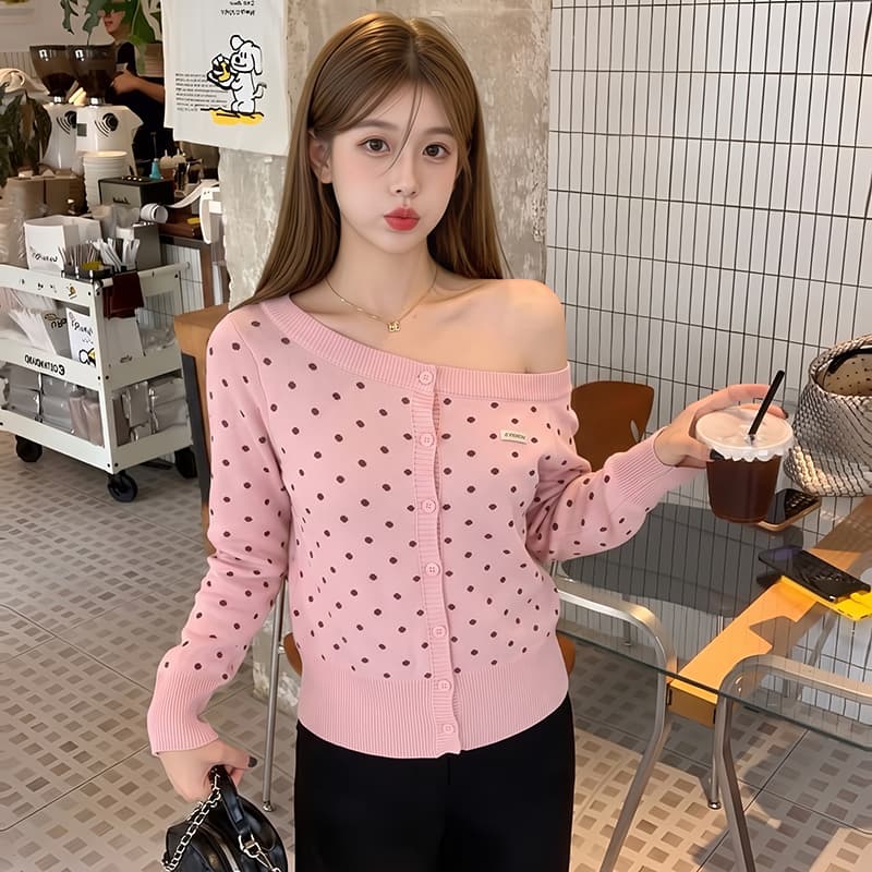 실사 레트로 도트 무늬 비스듬한 어깨 니트 오픈 가디건 여성 몸매 가꾸기 스웨터 캐주얼 핫걸 다용도 재킷 상세 이미지 1
