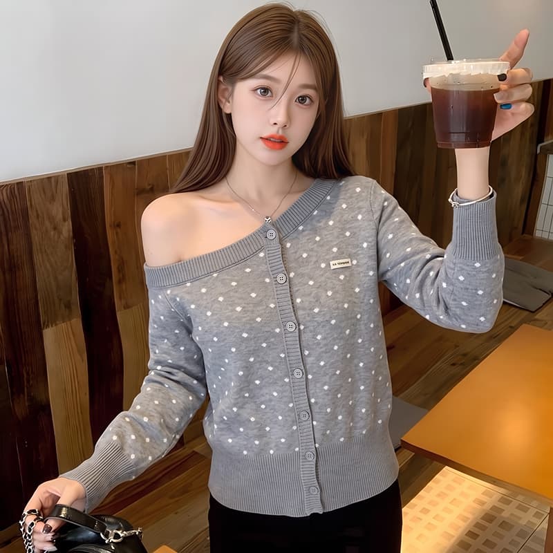 실사 레트로 도트 무늬 비스듬한 어깨 니트 오픈 가디건 여성 몸매 가꾸기 스웨터 캐주얼 핫걸 다용도 재킷 상세 이미지 2