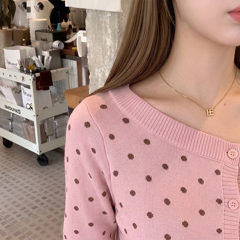 실사 레트로 도트 무늬 비스듬한 어깨 니트 오픈 가디건 여성 몸매 가꾸기 스웨터 캐주얼 핫걸 다용도 재킷 상세 이미지 5