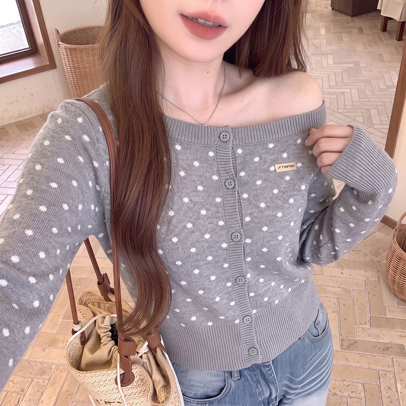 실사 레트로 도트 무늬 비스듬한 어깨 니트 오픈 가디건 여성 몸매 가꾸기 스웨터 캐주얼 핫걸 다용도 재킷 상세 이미지 2