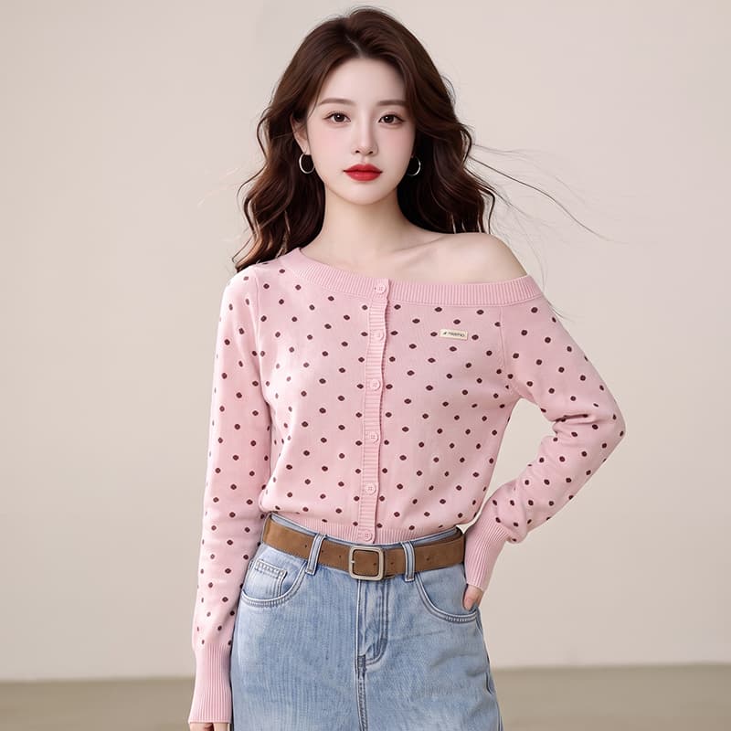실사 레트로 도트 무늬 비스듬한 어깨 니트 오픈 가디건 여성 몸매 가꾸기 스웨터 캐주얼 핫걸 다용도 재킷 이미지 3