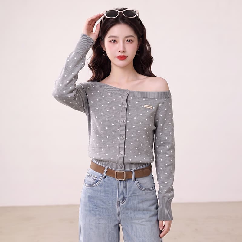 실사 레트로 도트 무늬 비스듬한 어깨 니트 오픈 가디건 여성 몸매 가꾸기 스웨터 캐주얼 핫걸 다용도 재킷 이미지 4